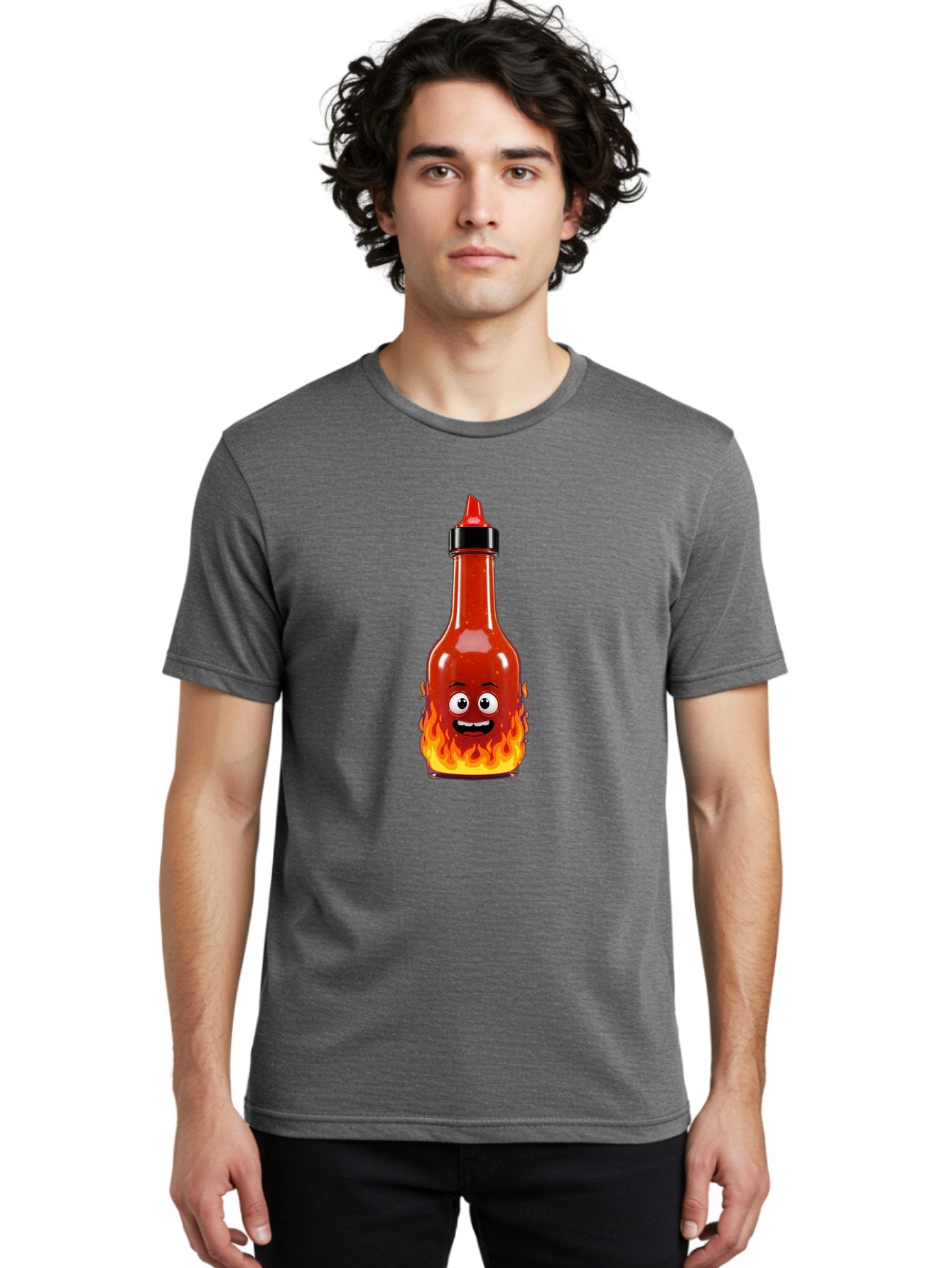 Hot-Sauce-Bottle Men'S Graphic Tee, 100% Cotton, Comfortable Casual Summer Wear, Machine Washable, Hot Sauce Bottle, Cartoon Character, Happy Face, Flames, Spicy Food, Condiment, Cartoon Illustration, Vibrant Colors, Playful Design, Baa835 30