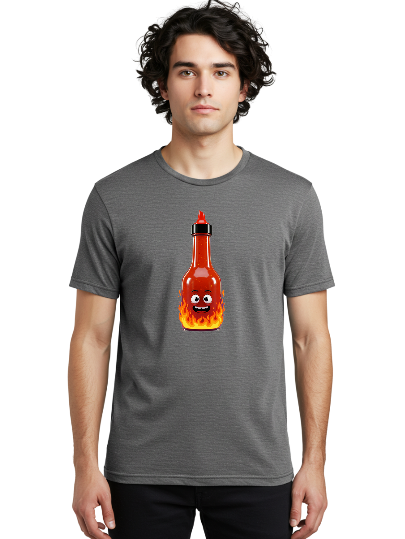 Hot-Sauce-Bottle Men'S Graphic Tee, 100% Cotton, Comfortable Casual Summer Wear, Machine Washable, Hot Sauce Bottle, Cartoon Character, Happy Face, Flames, Spicy Food, Condiment, Cartoon Illustration, Vibrant Colors, Playful Design, Baa835