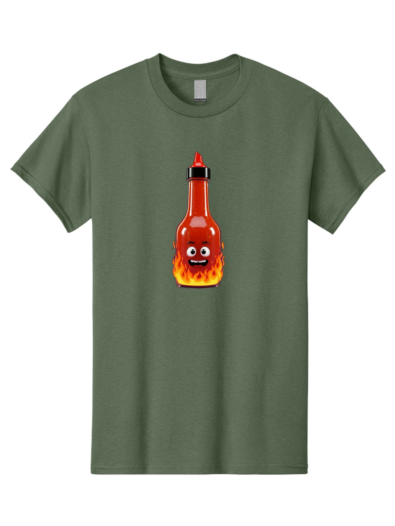 Hot-Sauce-Bottle Men'S Graphic Tee, 100% Cotton, Comfortable Casual Summer Wear, Machine Washable, Hot Sauce Bottle, Cartoon Character, Happy Face, Flames, Spicy Food, Condiment, Cartoon Illustration, Vibrant Colors, Playful Design, Baa835 3