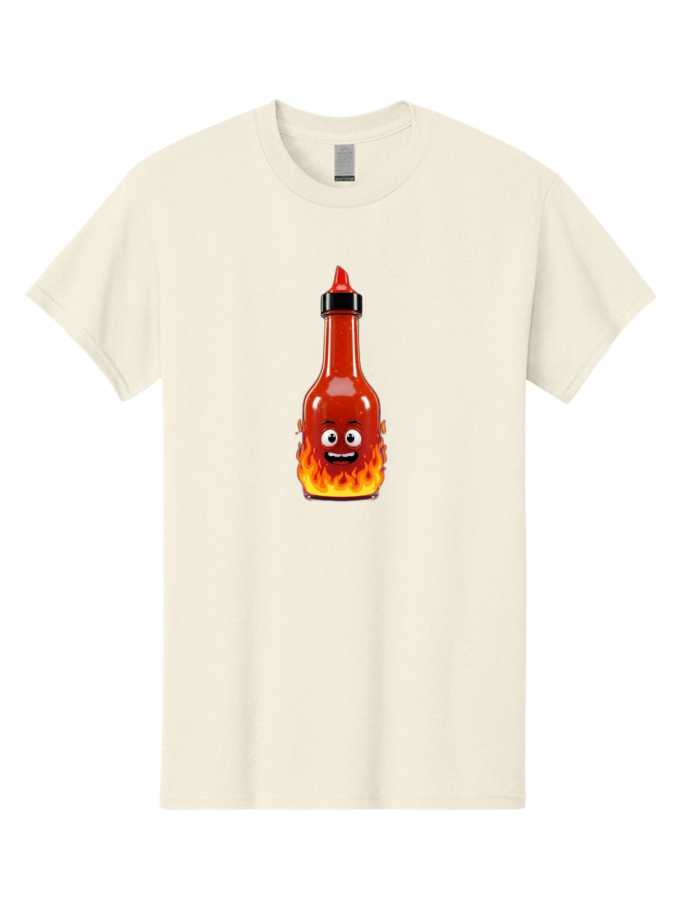 Hot-Sauce-Bottle Men'S Graphic Tee, 100% Cotton, Comfortable Casual Summer Wear, Machine Washable, Hot Sauce Bottle, Cartoon Character, Happy Face, Flames, Spicy Food, Condiment, Cartoon Illustration, Vibrant Colors, Playful Design, Baa835