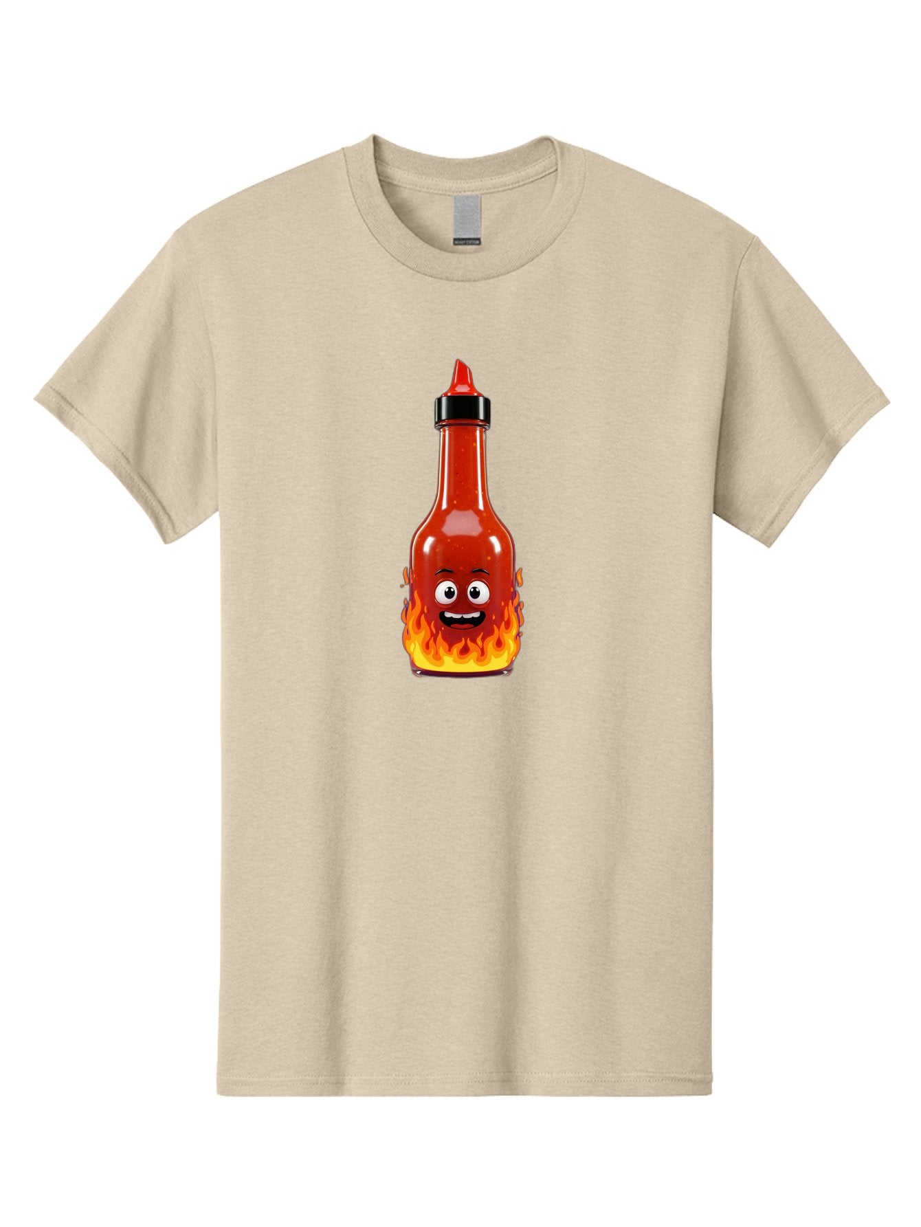 Hot-Sauce-Bottle Men'S Graphic Tee, 100% Cotton, Comfortable Casual Summer Wear, Machine Washable, Hot Sauce Bottle, Cartoon Character, Happy Face, Flames, Spicy Food, Condiment, Cartoon Illustration, Vibrant Colors, Playful Design, Baa835