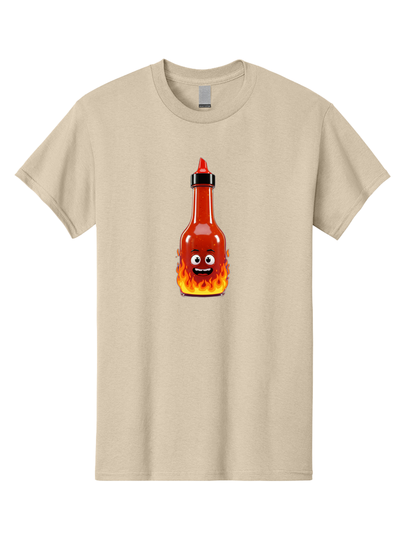 Hot-Sauce-Bottle Men'S Graphic Tee, 100% Cotton, Comfortable Casual Summer Wear, Machine Washable, Hot Sauce Bottle, Cartoon Character, Happy Face, Flames, Spicy Food, Condiment, Cartoon Illustration, Vibrant Colors, Playful Design, Baa835 21