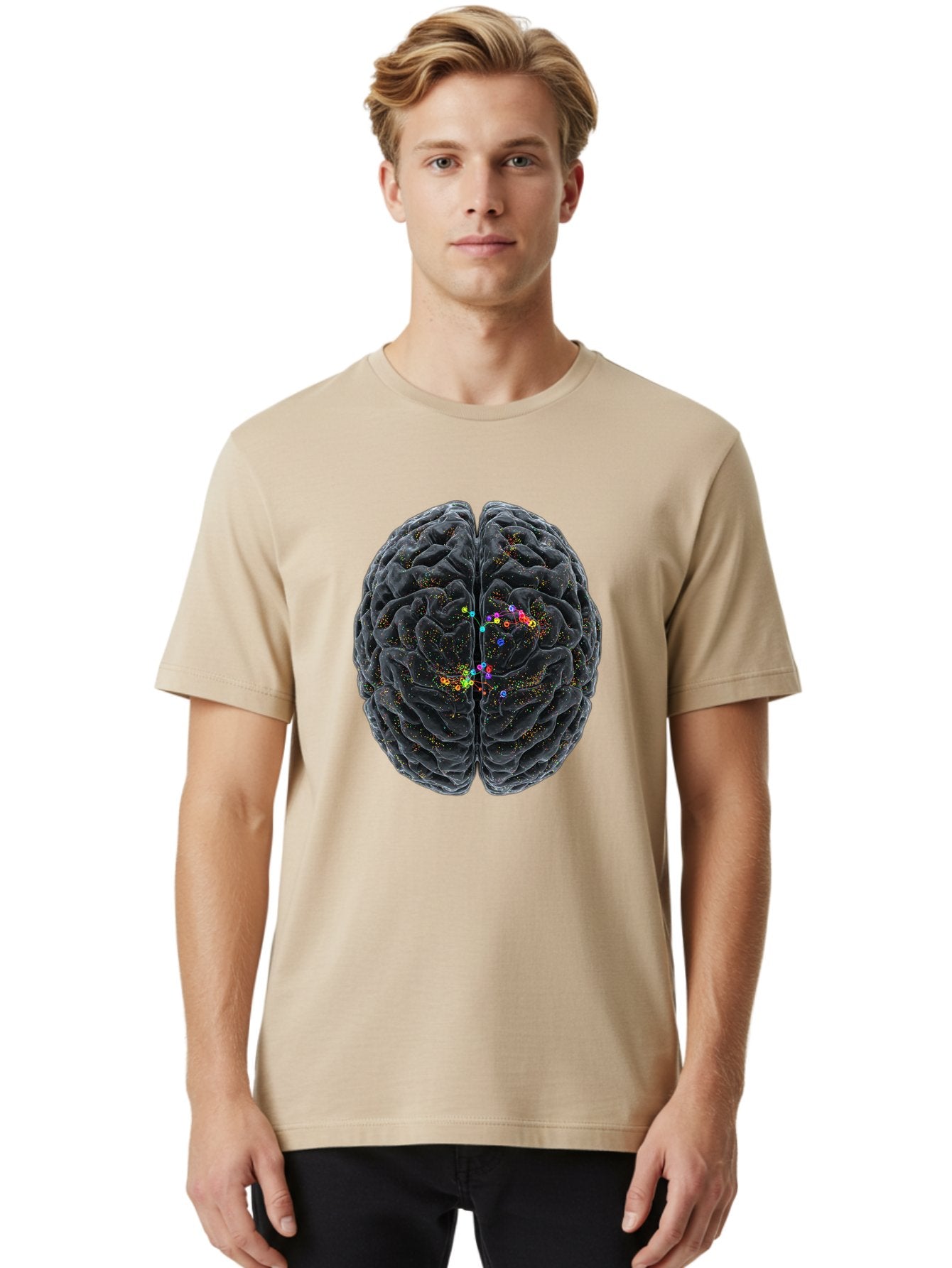 Human-Brain-2 Men'S Graphic Tee, 100% Cotton, Comfortable Casual Summer Wear, Machine Washable, Human Brain Anatomy, Neural Connections, Brain Function, Neuroscience, Cognitive Processes, Colorful Neurons, Synapses, Brain Activity, Baa840 20
