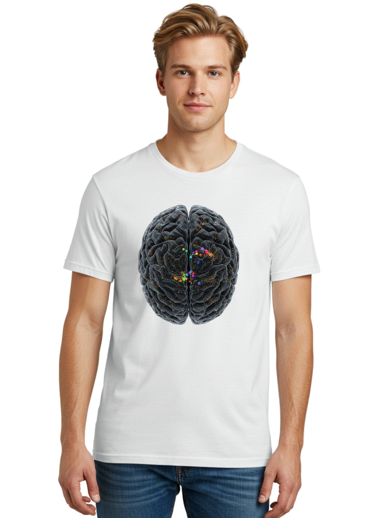 Human-Brain-2 Men'S Graphic Tee, 100% Cotton, Comfortable Casual Summer Wear, Machine Washable, Human Brain Anatomy, Neural Connections, Brain Function, Neuroscience, Cognitive Processes, Colorful Neurons, Synapses, Brain Activity, Baa840 23