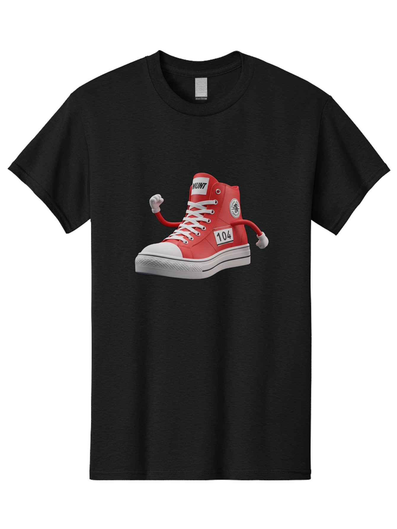 Hunt Men'S Graphic Tee, 100% Cotton, Comfortable Casual Summer Wear, Machine Washable, Red High-Top Sneaker, Hunt Logo, 104 Label, Cartoon Hands, Quirky Design, Bold Fashion Statement, Sneakers With Arms, Humorous Illustration, Baa851 12