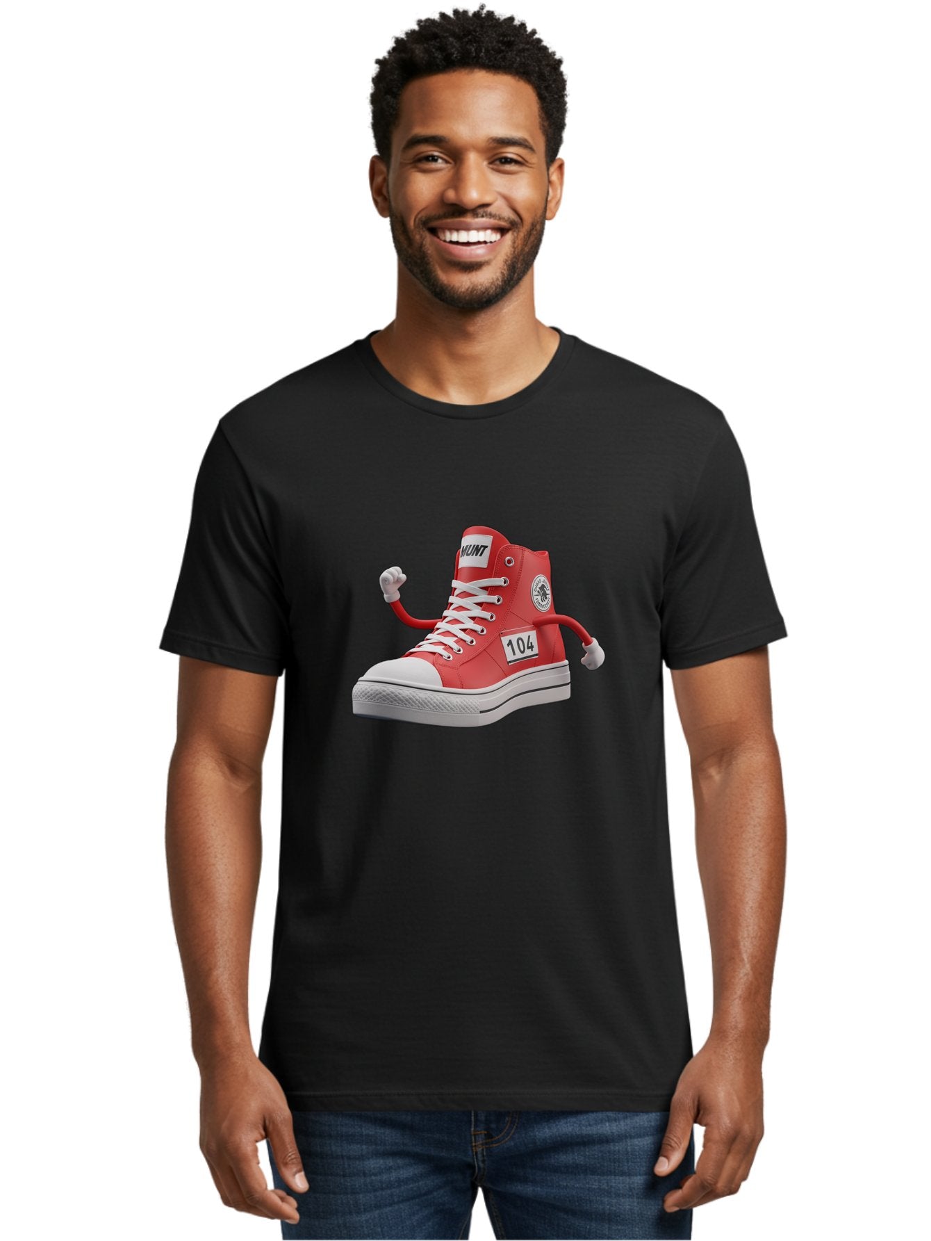 Hunt Men'S Graphic Tee, 100% Cotton, Comfortable Casual Summer Wear, Machine Washable, Red High-Top Sneaker, Hunt Logo, 104 Label, Cartoon Hands, Quirky Design, Bold Fashion Statement, Sneakers With Arms, Humorous Illustration, Baa851 28