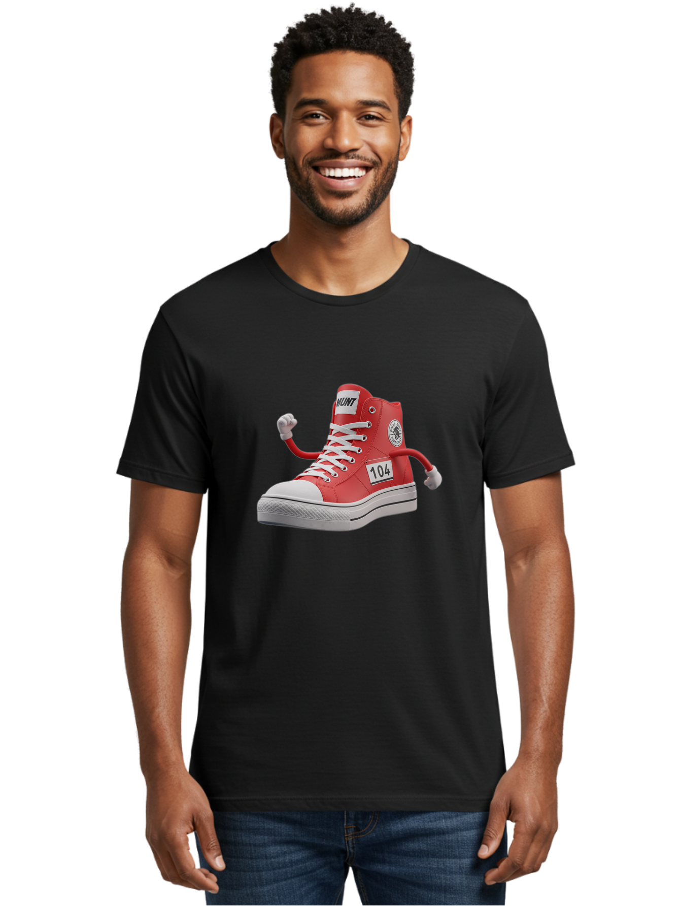 Hunt Men'S Graphic Tee, 100% Cotton, Comfortable Casual Summer Wear, Machine Washable, Red High-Top Sneaker, Hunt Logo, 104 Label, Cartoon Hands, Quirky Design, Bold Fashion Statement, Sneakers With Arms, Humorous Illustration, Baa851 6