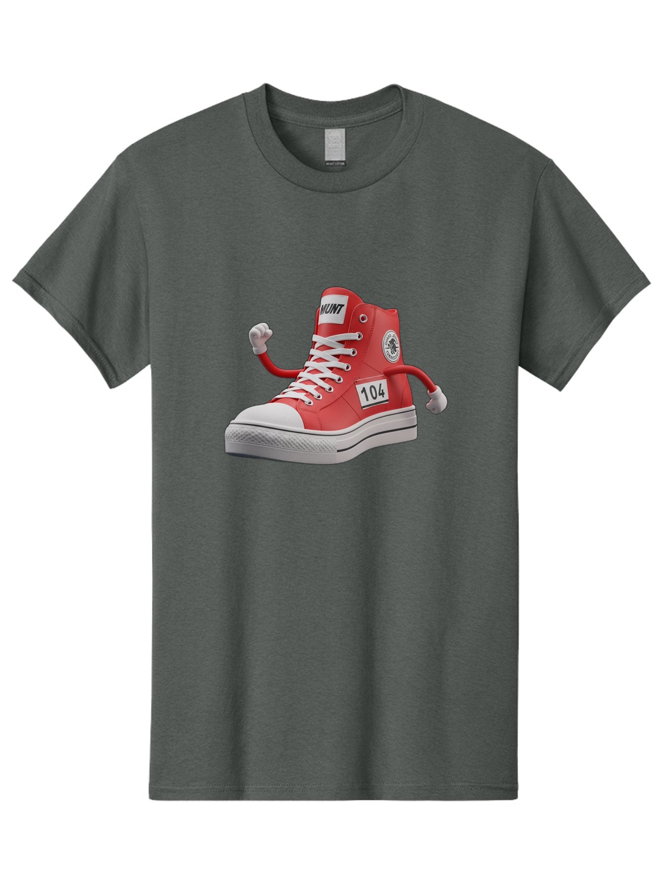 Hunt Men'S Graphic Tee, 100% Cotton, Comfortable Casual Summer Wear, Machine Washable, Red High-Top Sneaker, Hunt Logo, 104 Label, Cartoon Hands, Quirky Design, Bold Fashion Statement, Sneakers With Arms, Humorous Illustration, Baa851 13