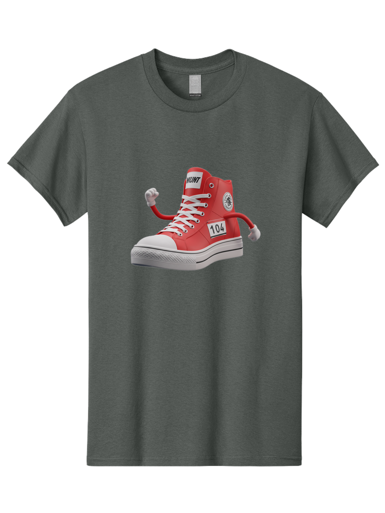 Hunt Men'S Graphic Tee, 100% Cotton, Comfortable Casual Summer Wear, Machine Washable, Red High-Top Sneaker, Hunt Logo, 104 Label, Cartoon Hands, Quirky Design, Bold Fashion Statement, Sneakers With Arms, Humorous Illustration, Baa851 29