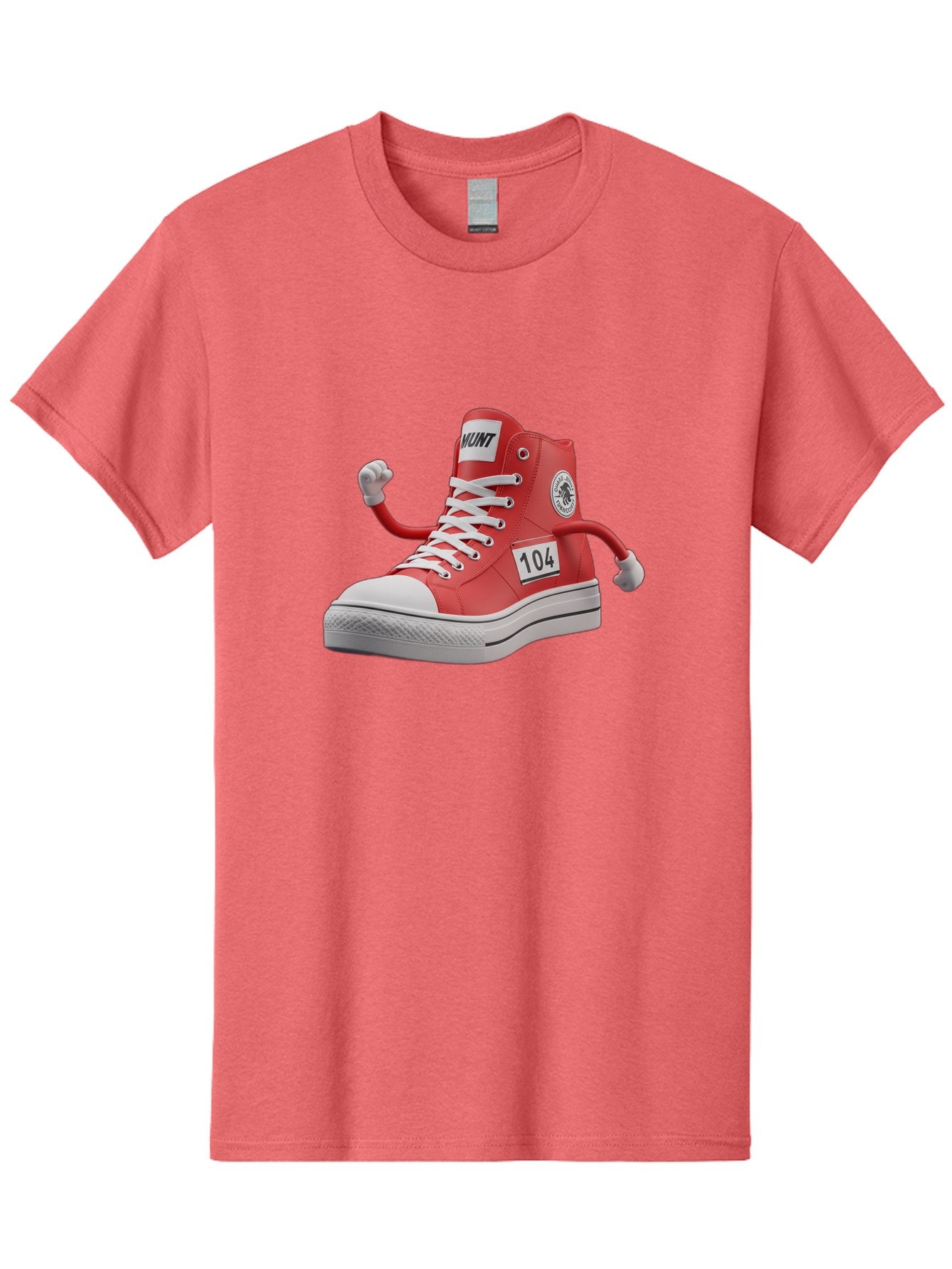 Hunt Men'S Graphic Tee, 100% Cotton, Comfortable Casual Summer Wear, Machine Washable, Red High-Top Sneaker, Hunt Logo, 104 Label, Cartoon Hands, Quirky Design, Bold Fashion Statement, Sneakers With Arms, Humorous Illustration, Baa851 8