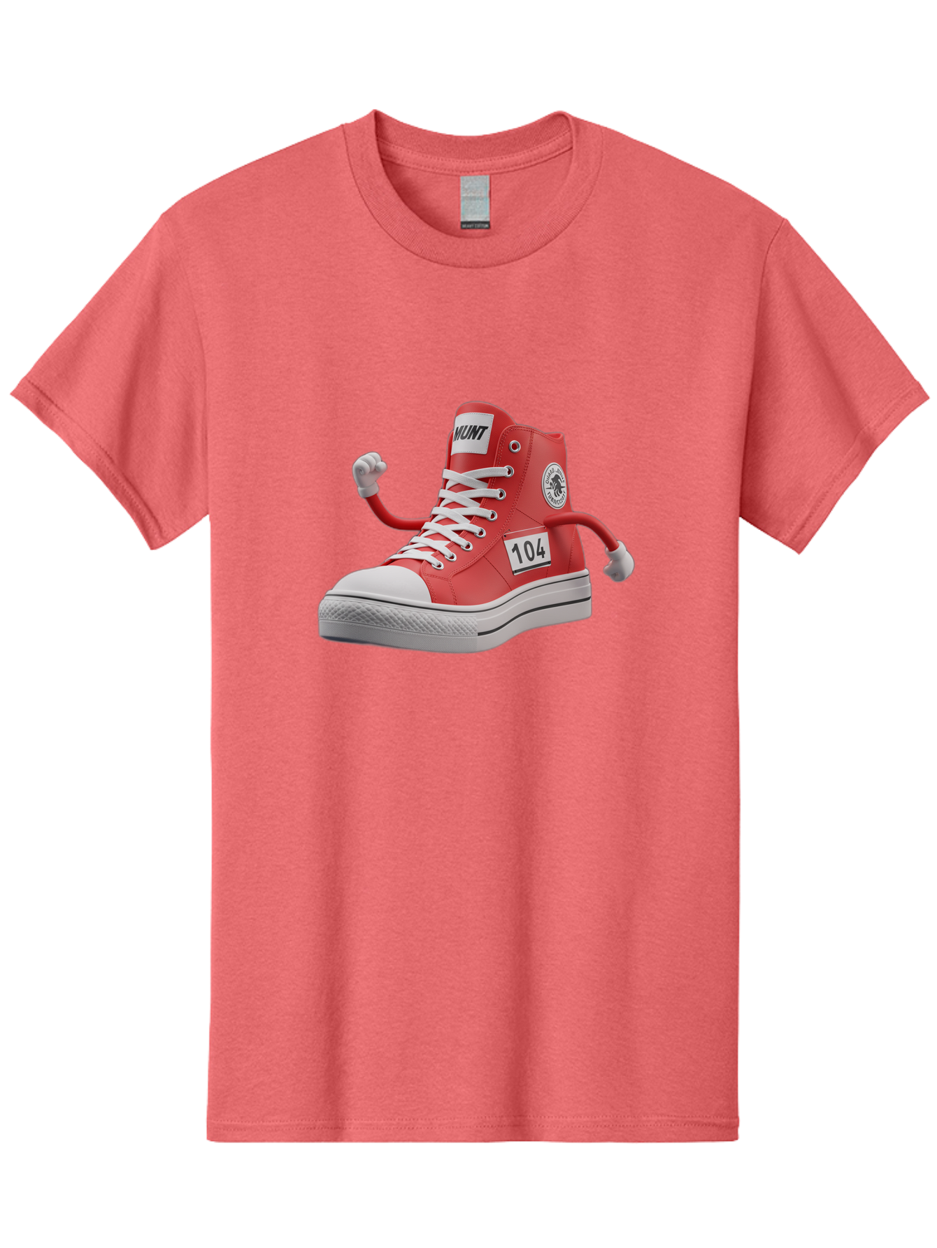 Hunt Men'S Graphic Tee, 100% Cotton, Comfortable Casual Summer Wear, Machine Washable, Red High-Top Sneaker, Hunt Logo, 104 Label, Cartoon Hands, Quirky Design, Bold Fashion Statement, Sneakers With Arms, Humorous Illustration, Baa851 11