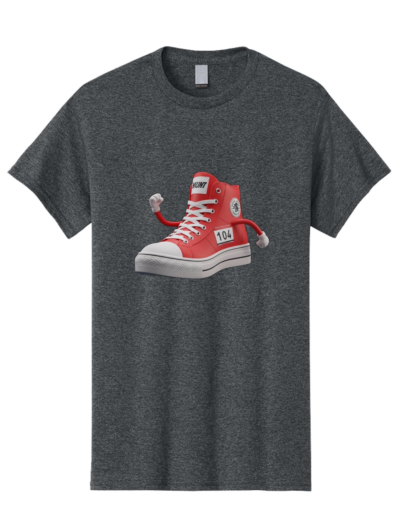 Hunt Men'S Graphic Tee, 100% Cotton, Comfortable Casual Summer Wear, Machine Washable, Red High-Top Sneaker, Hunt Logo, 104 Label, Cartoon Hands, Quirky Design, Bold Fashion Statement, Sneakers With Arms, Humorous Illustration, Baa851