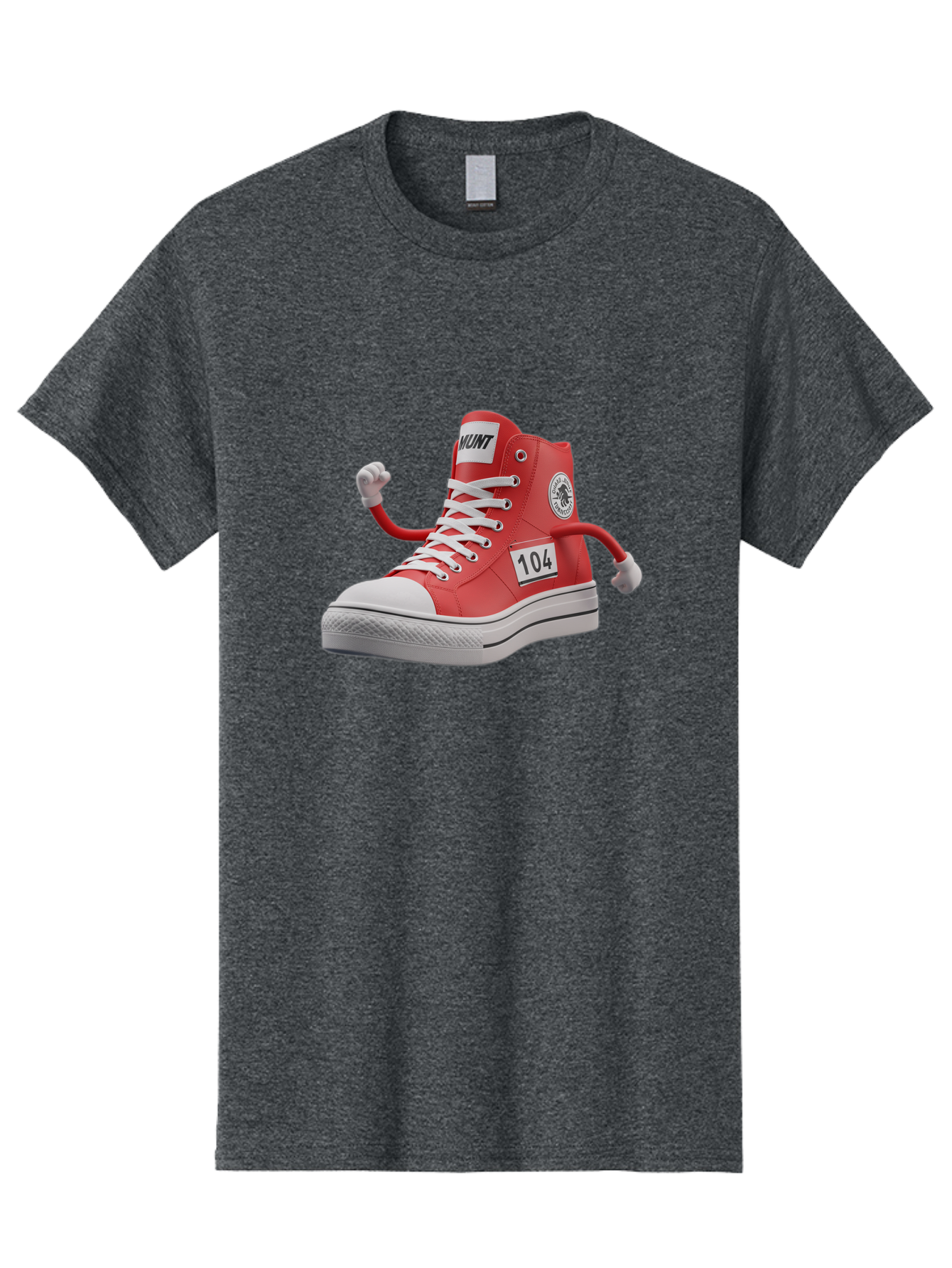 Hunt Men'S Graphic Tee, 100% Cotton, Comfortable Casual Summer Wear, Machine Washable, Red High-Top Sneaker, Hunt Logo, 104 Label, Cartoon Hands, Quirky Design, Bold Fashion Statement, Sneakers With Arms, Humorous Illustration, Baa851 21