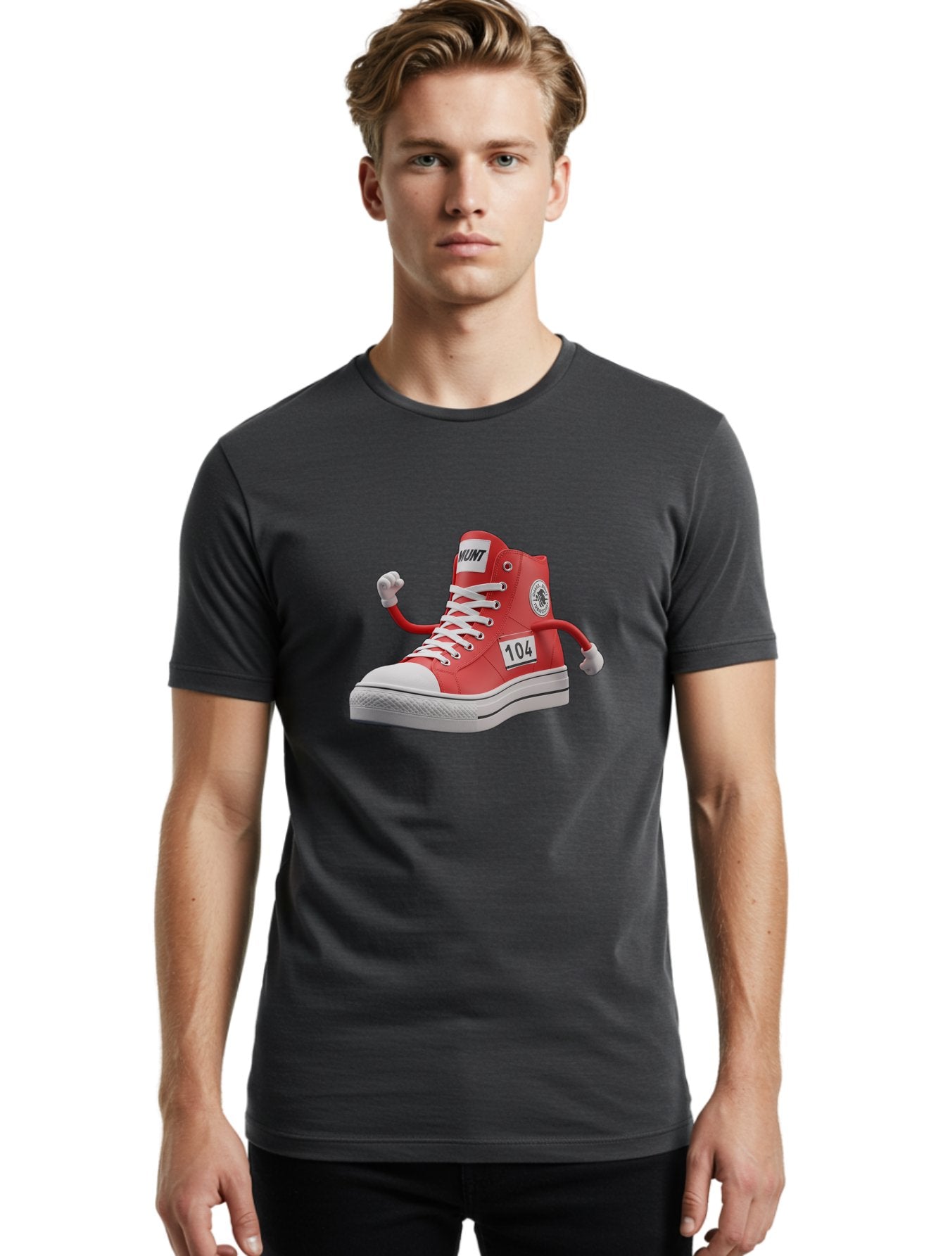 Hunt Men'S Graphic Tee, 100% Cotton, Comfortable Casual Summer Wear, Machine Washable, Red High-Top Sneaker, Hunt Logo, 104 Label, Cartoon Hands, Quirky Design, Bold Fashion Statement, Sneakers With Arms, Humorous Illustration, Baa851 19