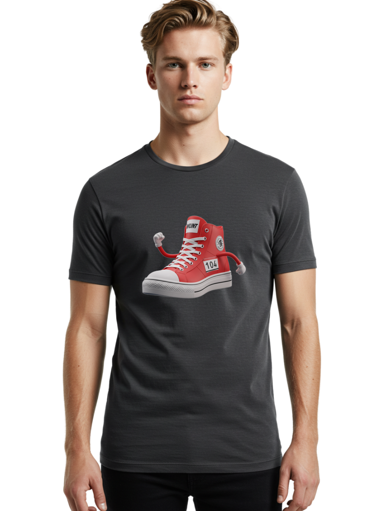Hunt Men'S Graphic Tee, 100% Cotton, Comfortable Casual Summer Wear, Machine Washable, Red High-Top Sneaker, Hunt Logo, 104 Label, Cartoon Hands, Quirky Design, Bold Fashion Statement, Sneakers With Arms, Humorous Illustration, Baa851 22