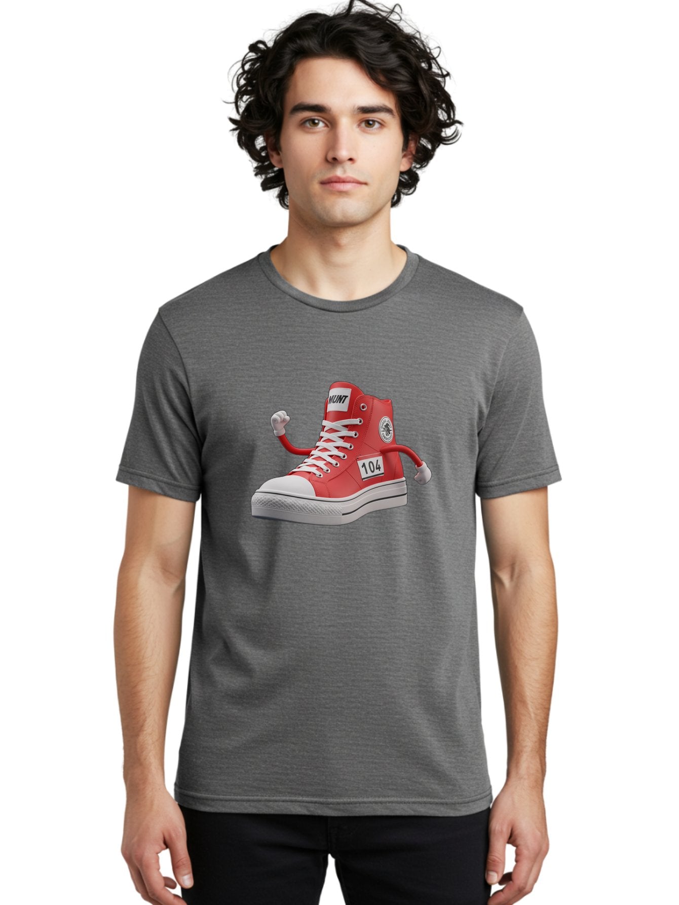 Hunt Men'S Graphic Tee, 100% Cotton, Comfortable Casual Summer Wear, Machine Washable, Red High-Top Sneaker, Hunt Logo, 104 Label, Cartoon Hands, Quirky Design, Bold Fashion Statement, Sneakers With Arms, Humorous Illustration, Baa851 22