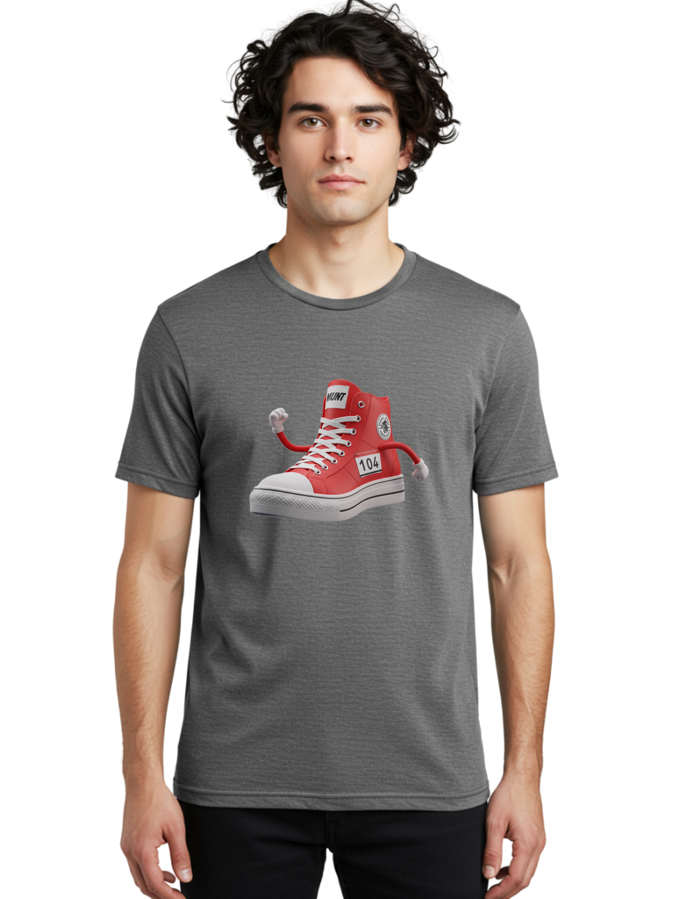Hunt Men'S Graphic Tee, 100% Cotton, Comfortable Casual Summer Wear, Machine Washable, Red High-Top Sneaker, Hunt Logo, 104 Label, Cartoon Hands, Quirky Design, Bold Fashion Statement, Sneakers With Arms, Humorous Illustration, Baa851 18