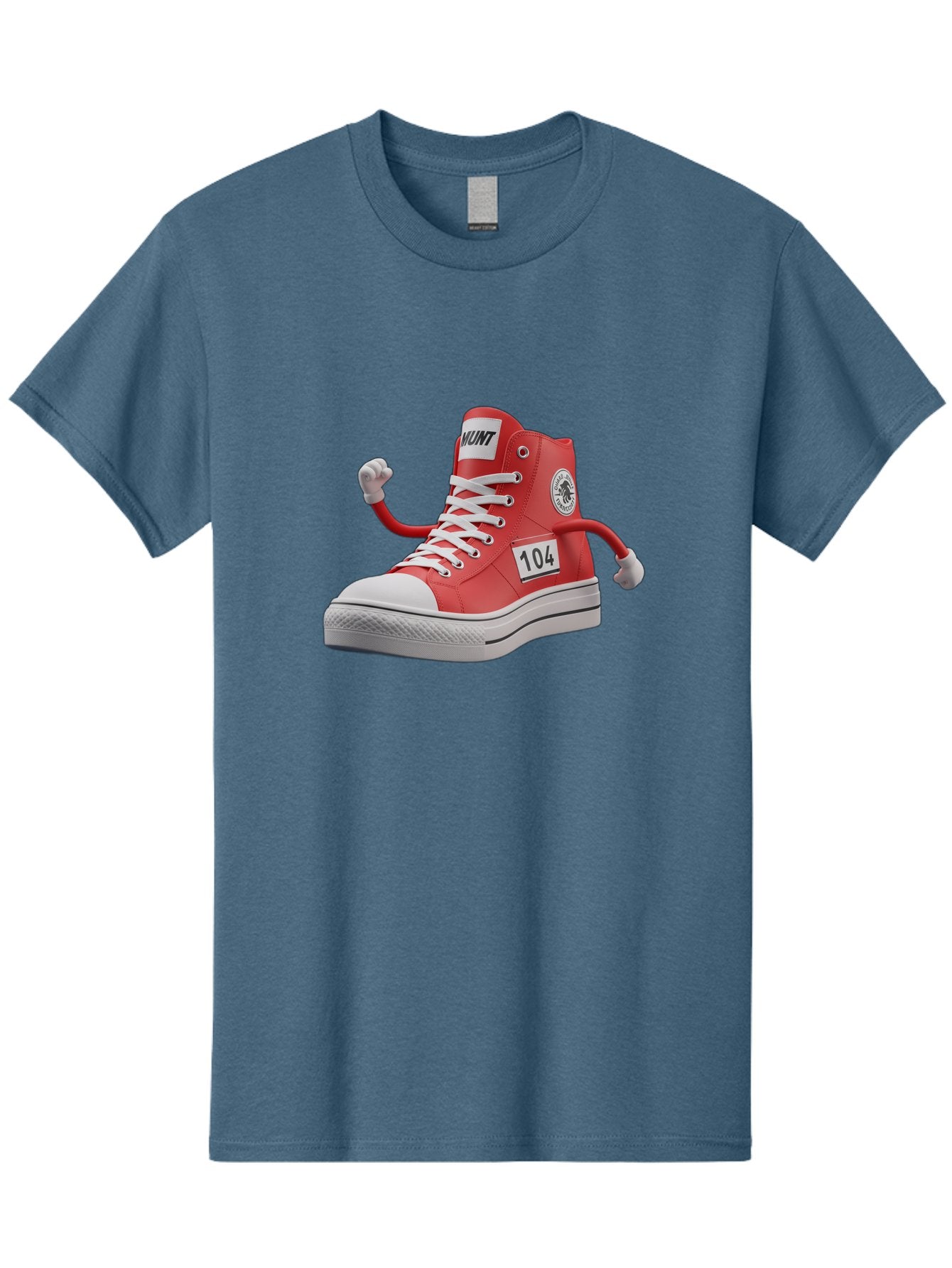 Hunt Men'S Graphic Tee, 100% Cotton, Comfortable Casual Summer Wear, Machine Washable, Red High-Top Sneaker, Hunt Logo, 104 Label, Cartoon Hands, Quirky Design, Bold Fashion Statement, Sneakers With Arms, Humorous Illustration, Baa851 9