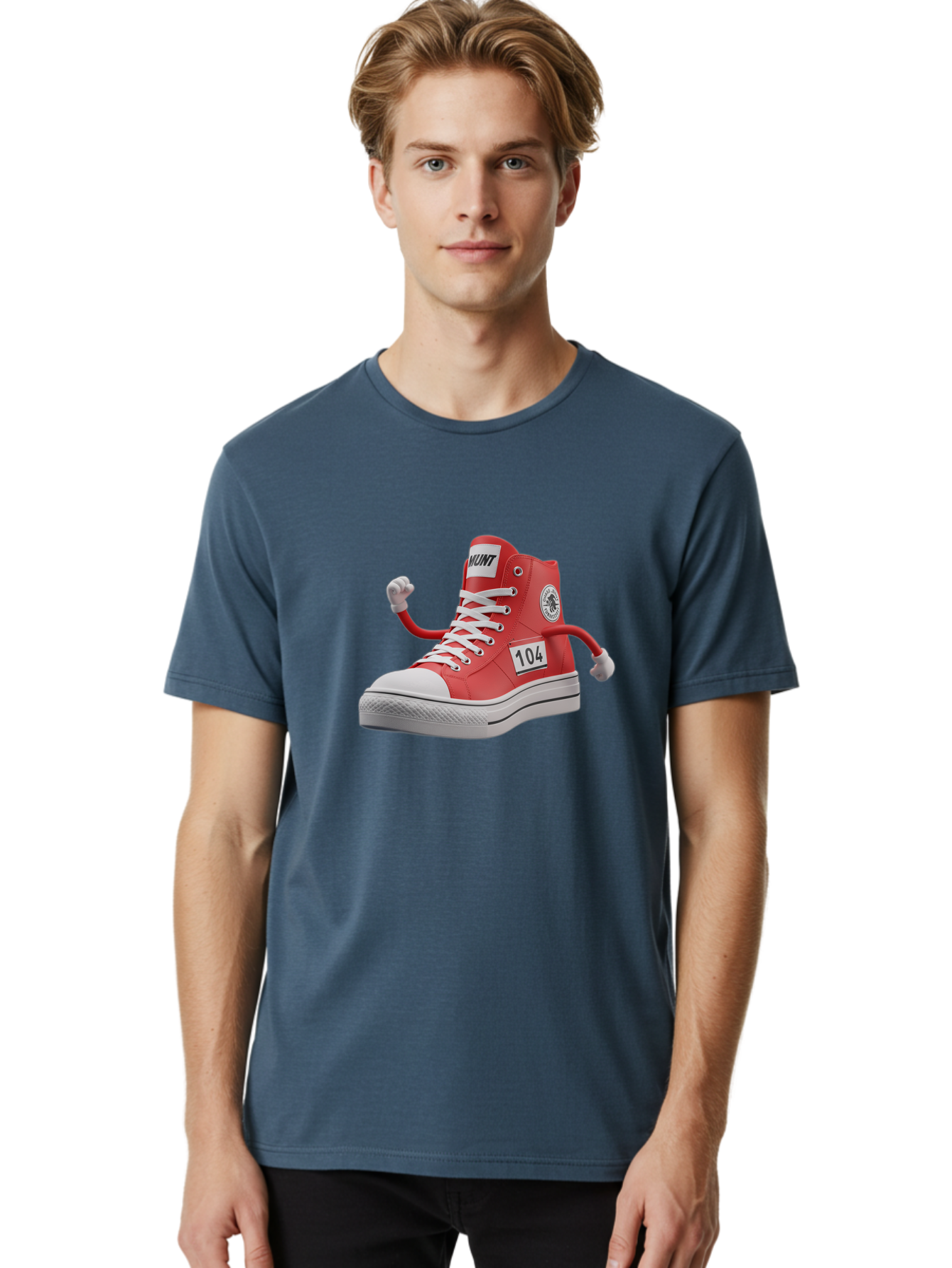 Hunt Men'S Graphic Tee, 100% Cotton, Comfortable Casual Summer Wear, Machine Washable, Red High-Top Sneaker, Hunt Logo, 104 Label, Cartoon Hands, Quirky Design, Bold Fashion Statement, Sneakers With Arms, Humorous Illustration, Baa851 10