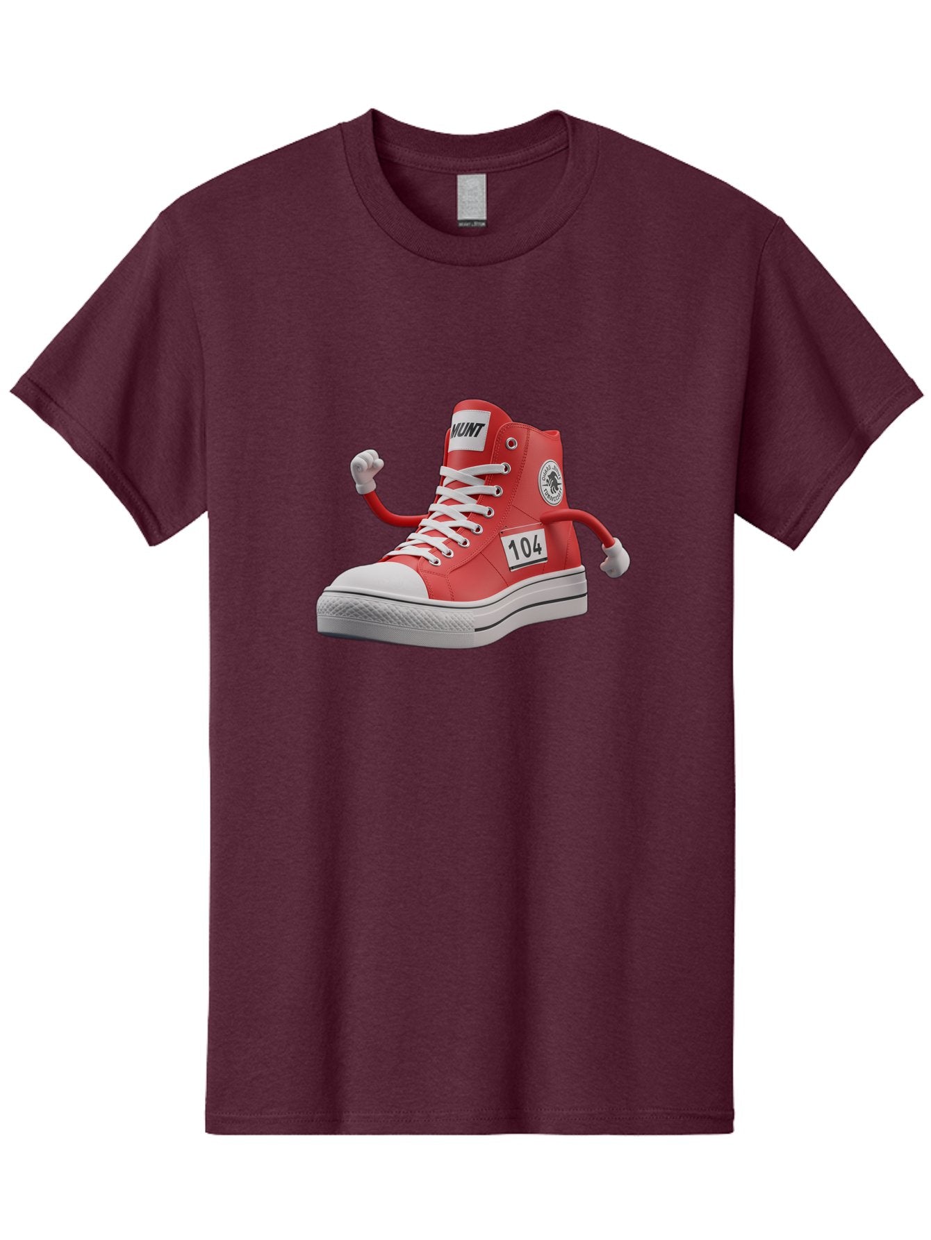 Hunt Men'S Graphic Tee, 100% Cotton, Comfortable Casual Summer Wear, Machine Washable, Red High-Top Sneaker, Hunt Logo, 104 Label, Cartoon Hands, Quirky Design, Bold Fashion Statement, Sneakers With Arms, Humorous Illustration, Baa851 7
