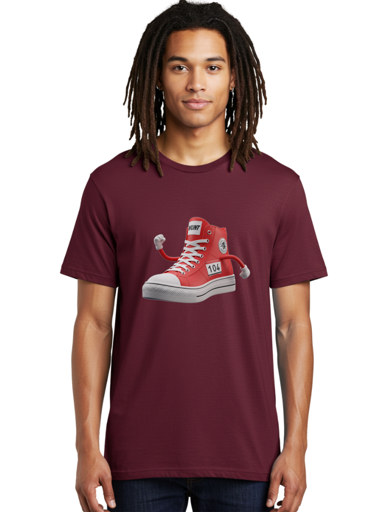 Hunt Men'S Graphic Tee, 100% Cotton, Comfortable Casual Summer Wear, Machine Washable, Red High-Top Sneaker, Hunt Logo, 104 Label, Cartoon Hands, Quirky Design, Bold Fashion Statement, Sneakers With Arms, Humorous Illustration, Baa851 26