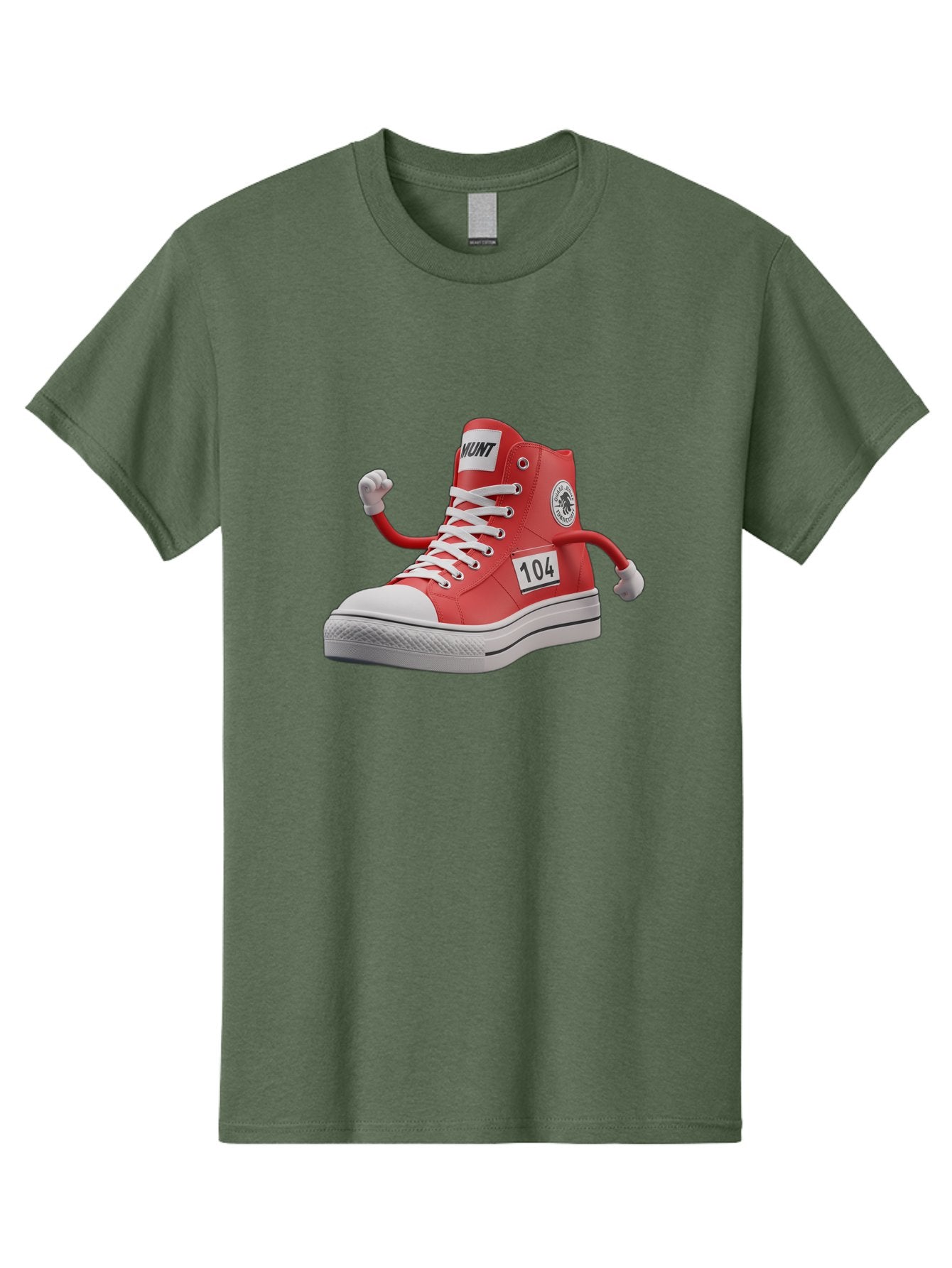 Hunt Men'S Graphic Tee, 100% Cotton, Comfortable Casual Summer Wear, Machine Washable, Red High-Top Sneaker, Hunt Logo, 104 Label, Cartoon Hands, Quirky Design, Bold Fashion Statement, Sneakers With Arms, Humorous Illustration, Baa851