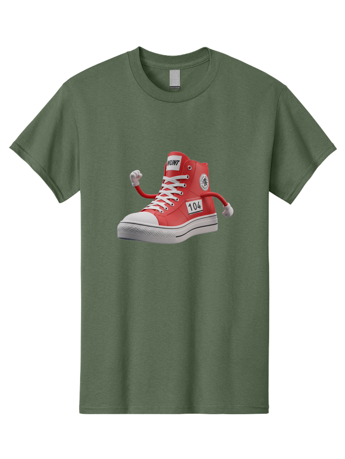 Hunt Men'S Graphic Tee, 100% Cotton, Comfortable Casual Summer Wear, Machine Washable, Red High-Top Sneaker, Hunt Logo, 104 Label, Cartoon Hands, Quirky Design, Bold Fashion Statement, Sneakers With Arms, Humorous Illustration, Baa851 19