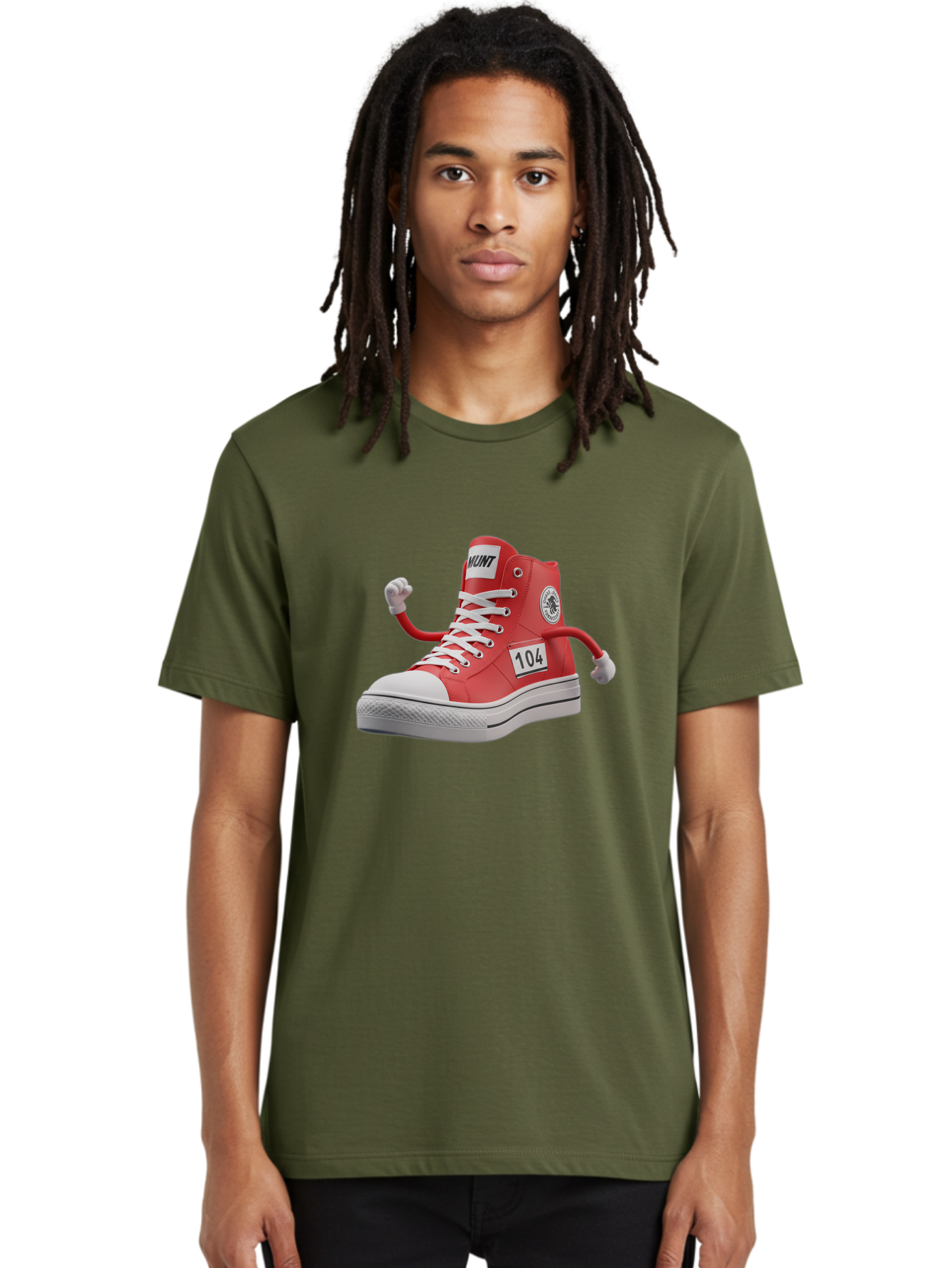 Hunt Men'S Graphic Tee, 100% Cotton, Comfortable Casual Summer Wear, Machine Washable, Red High-Top Sneaker, Hunt Logo, 104 Label, Cartoon Hands, Quirky Design, Bold Fashion Statement, Sneakers With Arms, Humorous Illustration, Baa851 20