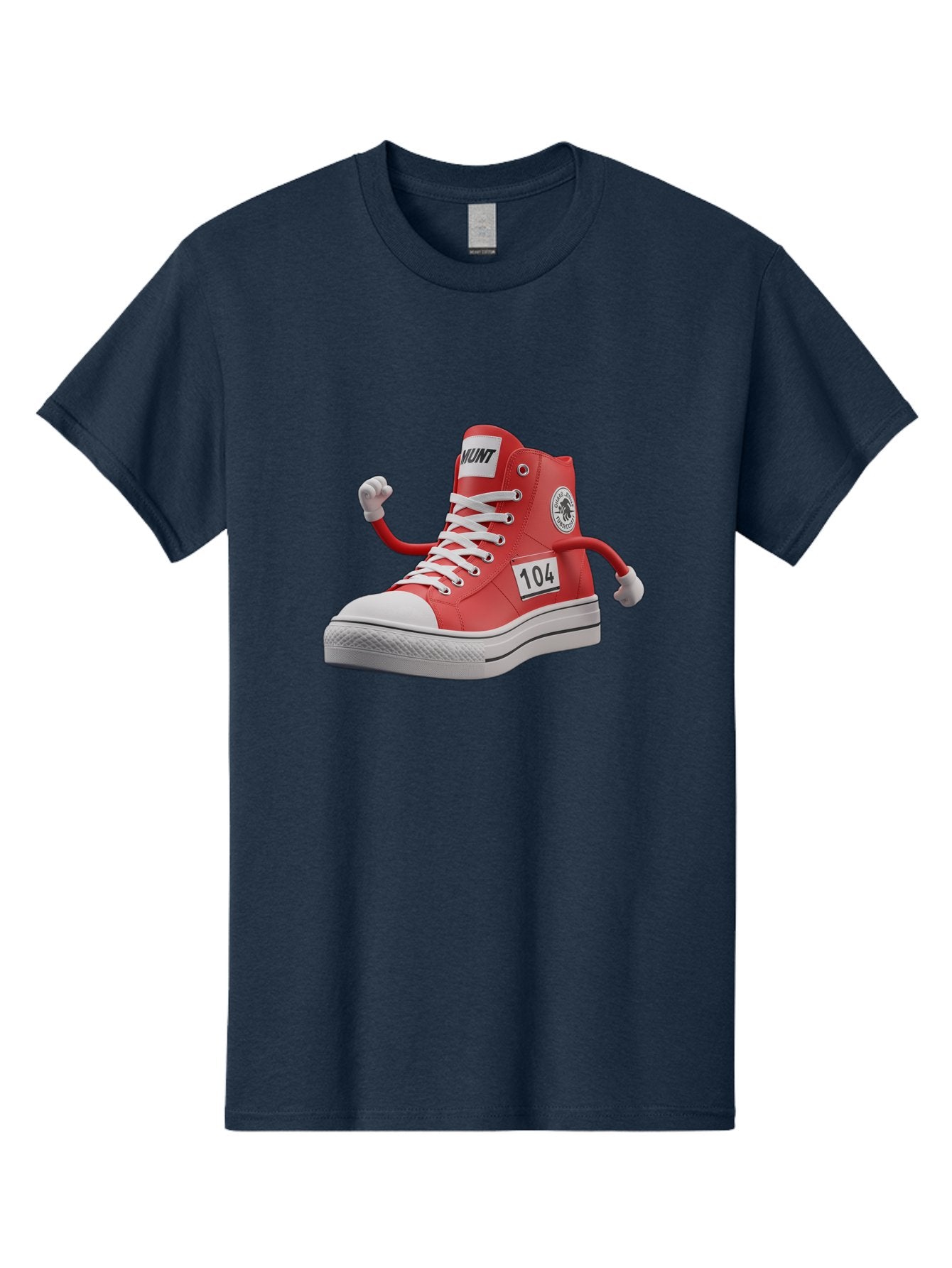 Hunt Men'S Graphic Tee, 100% Cotton, Comfortable Casual Summer Wear, Machine Washable, Red High-Top Sneaker, Hunt Logo, 104 Label, Cartoon Hands, Quirky Design, Bold Fashion Statement, Sneakers With Arms, Humorous Illustration, Baa851 15