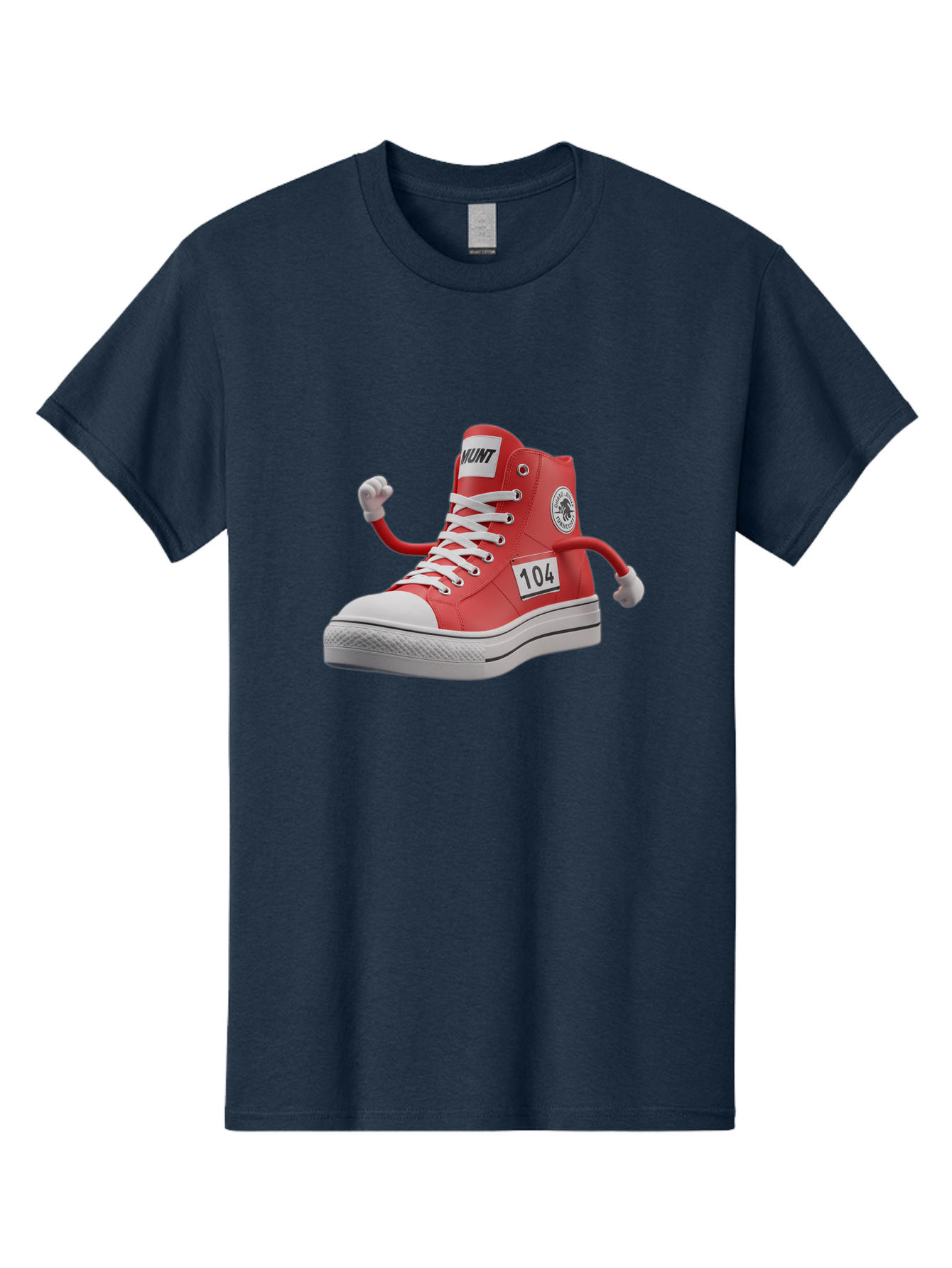 Hunt Men'S Graphic Tee, 100% Cotton, Comfortable Casual Summer Wear, Machine Washable, Red High-Top Sneaker, Hunt Logo, 104 Label, Cartoon Hands, Quirky Design, Bold Fashion Statement, Sneakers With Arms, Humorous Illustration, Baa851