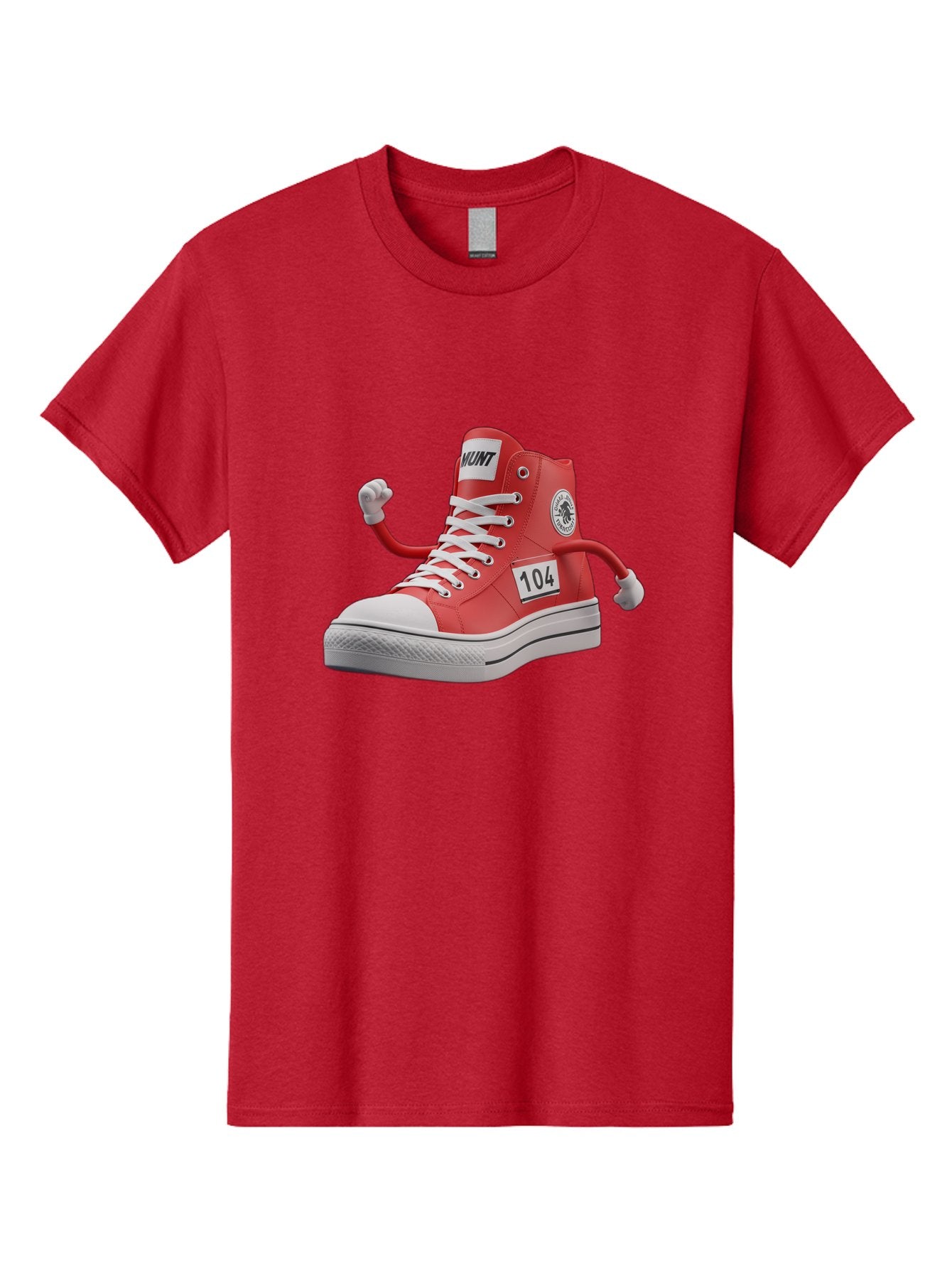 Hunt Men'S Graphic Tee, 100% Cotton, Comfortable Casual Summer Wear, Machine Washable, Red High-Top Sneaker, Hunt Logo, 104 Label, Cartoon Hands, Quirky Design, Bold Fashion Statement, Sneakers With Arms, Humorous Illustration, Baa851 6
