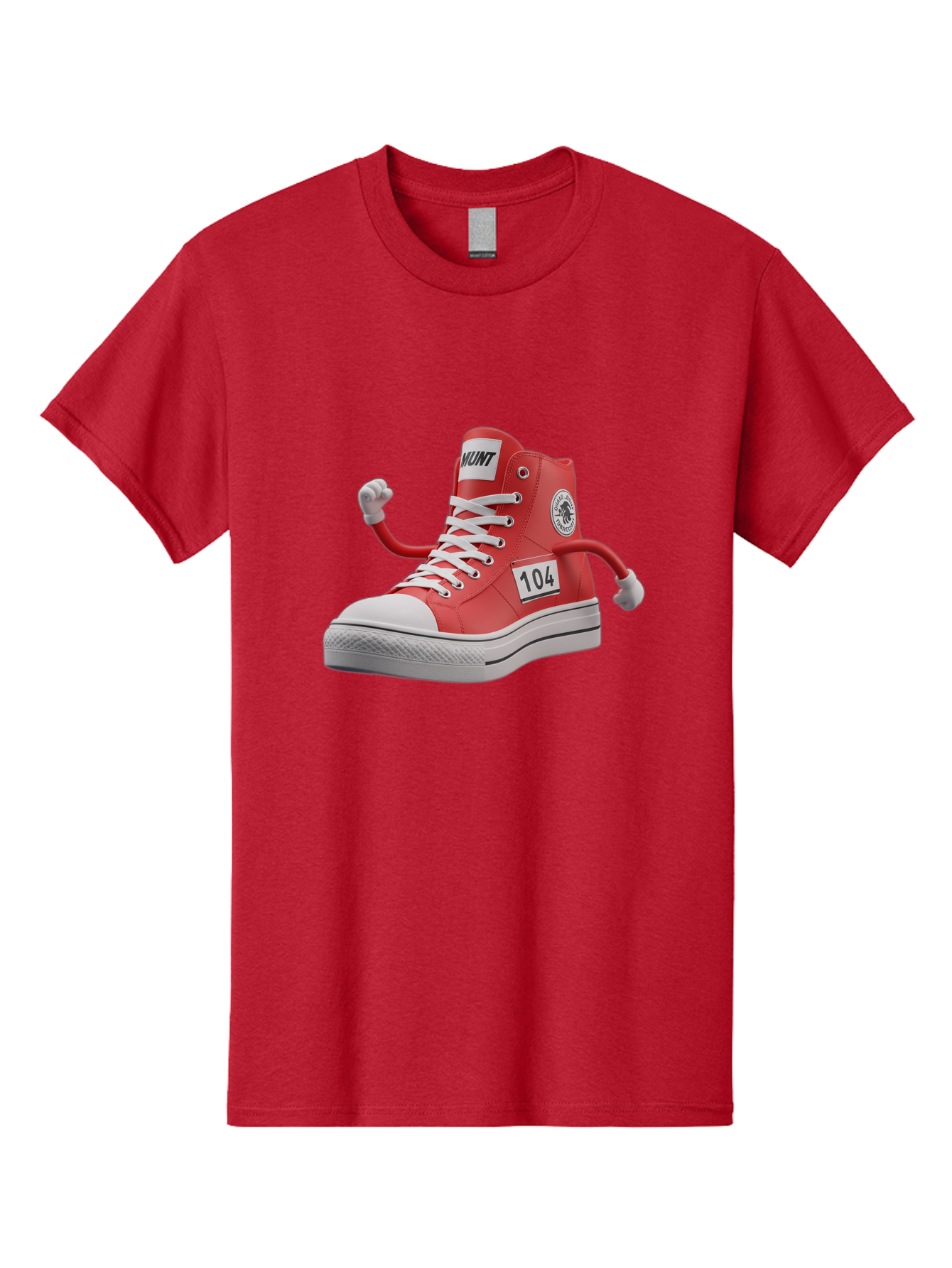 Hunt Men'S Graphic Tee, 100% Cotton, Comfortable Casual Summer Wear, Machine Washable, Red High-Top Sneaker, Hunt Logo, 104 Label, Cartoon Hands, Quirky Design, Bold Fashion Statement, Sneakers With Arms, Humorous Illustration, Baa851 13