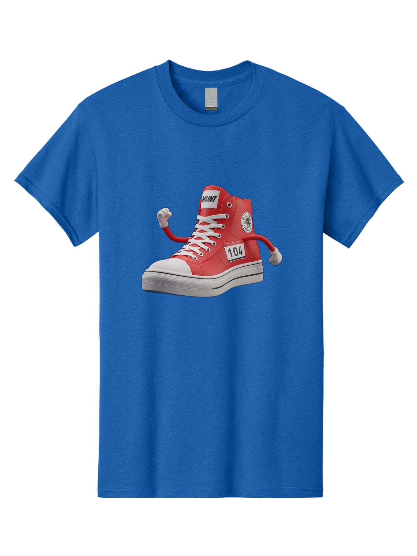 Hunt Men'S Graphic Tee, 100% Cotton, Comfortable Casual Summer Wear, Machine Washable, Red High-Top Sneaker, Hunt Logo, 104 Label, Cartoon Hands, Quirky Design, Bold Fashion Statement, Sneakers With Arms, Humorous Illustration, Baa851 11