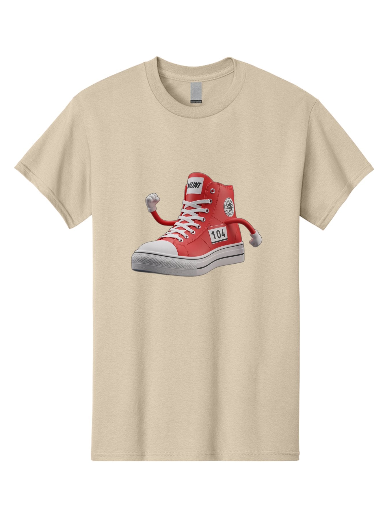 Hunt Men'S Graphic Tee, 100% Cotton, Comfortable Casual Summer Wear, Machine Washable, Red High-Top Sneaker, Hunt Logo, 104 Label, Cartoon Hands, Quirky Design, Bold Fashion Statement, Sneakers With Arms, Humorous Illustration, Baa851 4