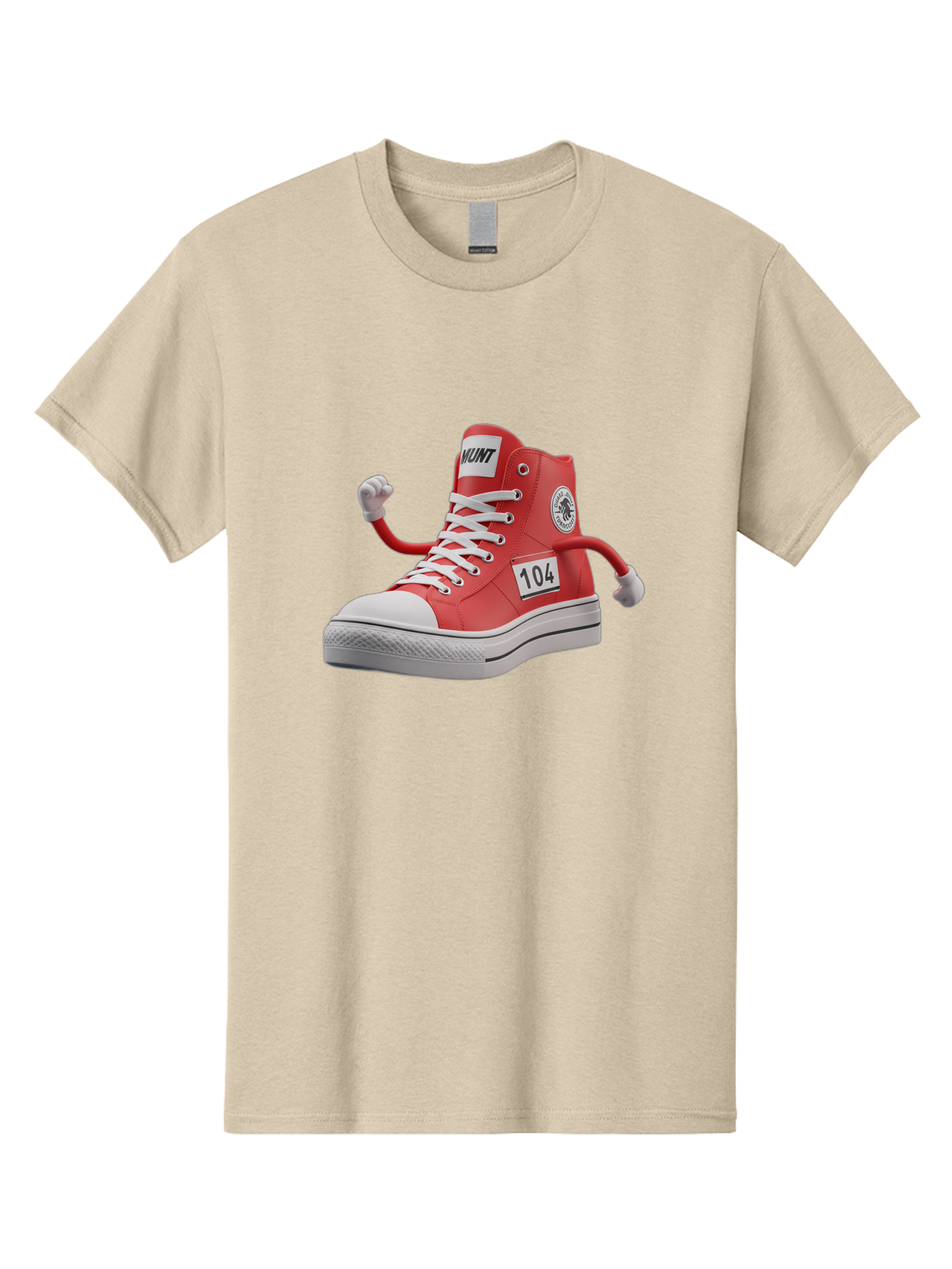 Hunt Men'S Graphic Tee, 100% Cotton, Comfortable Casual Summer Wear, Machine Washable, Red High-Top Sneaker, Hunt Logo, 104 Label, Cartoon Hands, Quirky Design, Bold Fashion Statement, Sneakers With Arms, Humorous Illustration, Baa851 23
