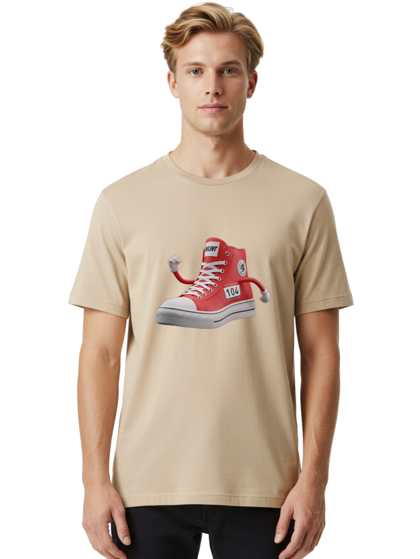 Hunt Men'S Graphic Tee, 100% Cotton, Comfortable Casual Summer Wear, Machine Washable, Red High-Top Sneaker, Hunt Logo, 104 Label, Cartoon Hands, Quirky Design, Bold Fashion Statement, Sneakers With Arms, Humorous Illustration, Baa851 24