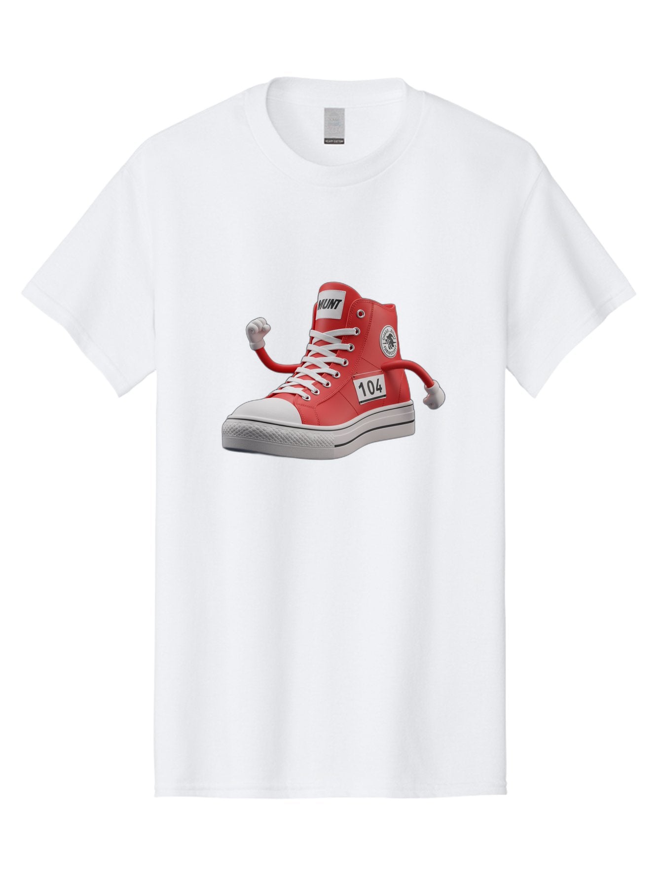 Hunt Men'S Graphic Tee, 100% Cotton, Comfortable Casual Summer Wear, Machine Washable, Red High-Top Sneaker, Hunt Logo, 104 Label, Cartoon Hands, Quirky Design, Bold Fashion Statement, Sneakers With Arms, Humorous Illustration, Baa851 14
