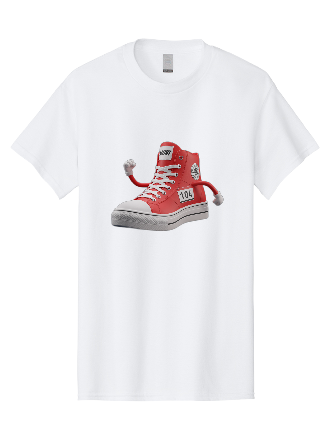Hunt Men'S Graphic Tee, 100% Cotton, Comfortable Casual Summer Wear, Machine Washable, Red High-Top Sneaker, Hunt Logo, 104 Label, Cartoon Hands, Quirky Design, Bold Fashion Statement, Sneakers With Arms, Humorous Illustration, Baa851 3