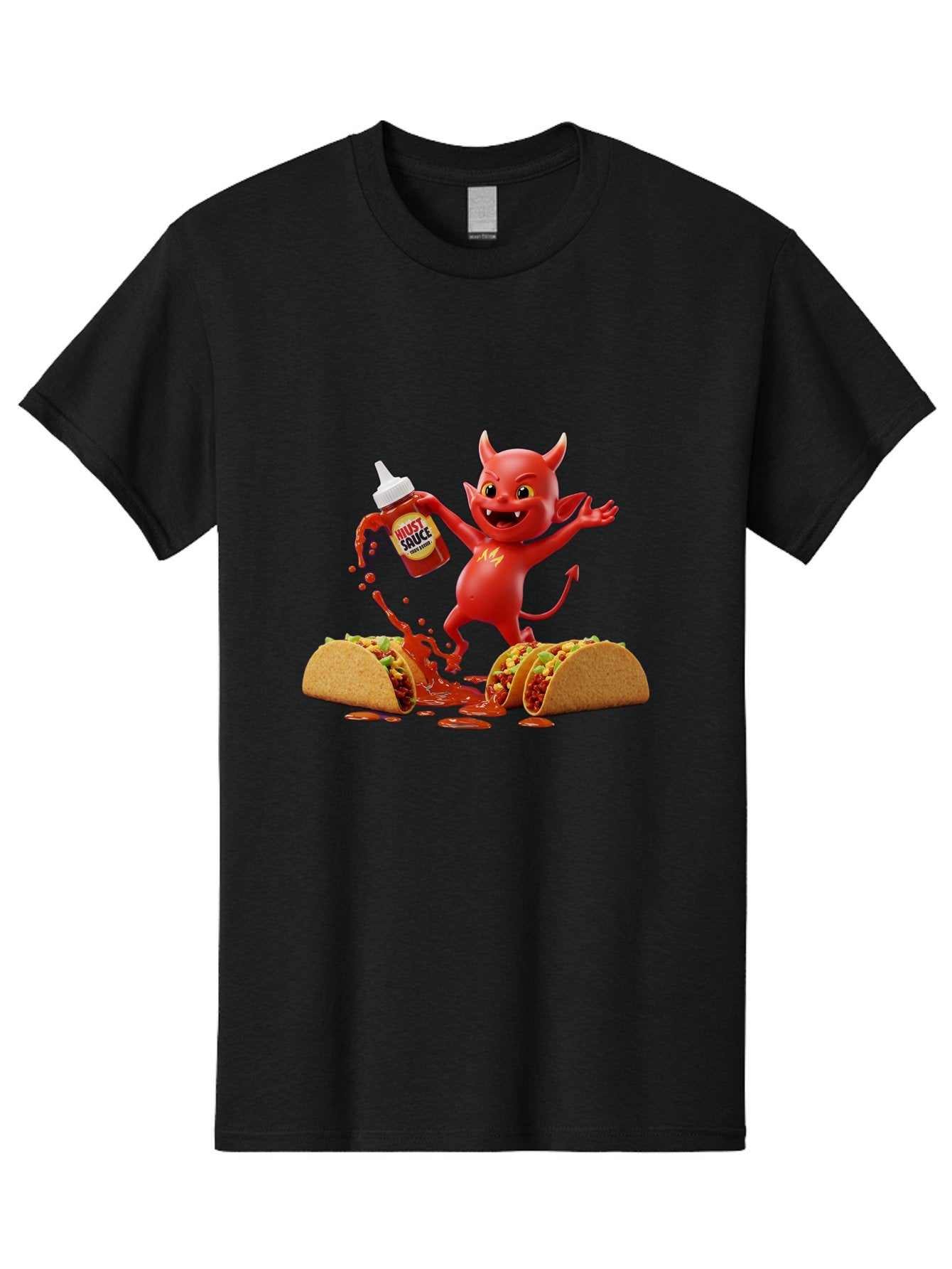 Hustl-Sauce-Devil Men'S Graphic Tee, 100% Cotton, Comfortable Casual Summer Wear, Machine Washable, Red Devil Character, Hot Sauce Bottle, Tacos, Spicy Food, Hot Peppers, Cartoon Style, Playful Illustration, Sauce Splatter, Baa852 7