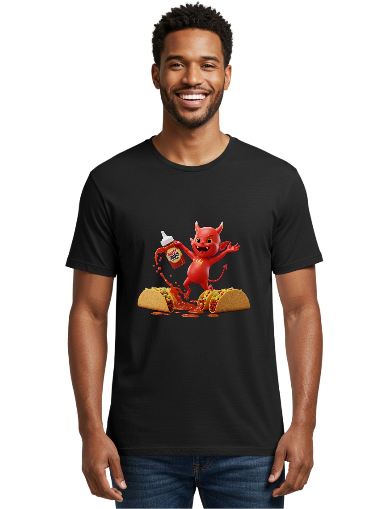 Hustl-Sauce-Devil Men'S Graphic Tee, 100% Cotton, Comfortable Casual Summer Wear, Machine Washable, Red Devil Character, Hot Sauce Bottle, Tacos, Spicy Food, Hot Peppers, Cartoon Style, Playful Illustration, Sauce Splatter, Baa852 16