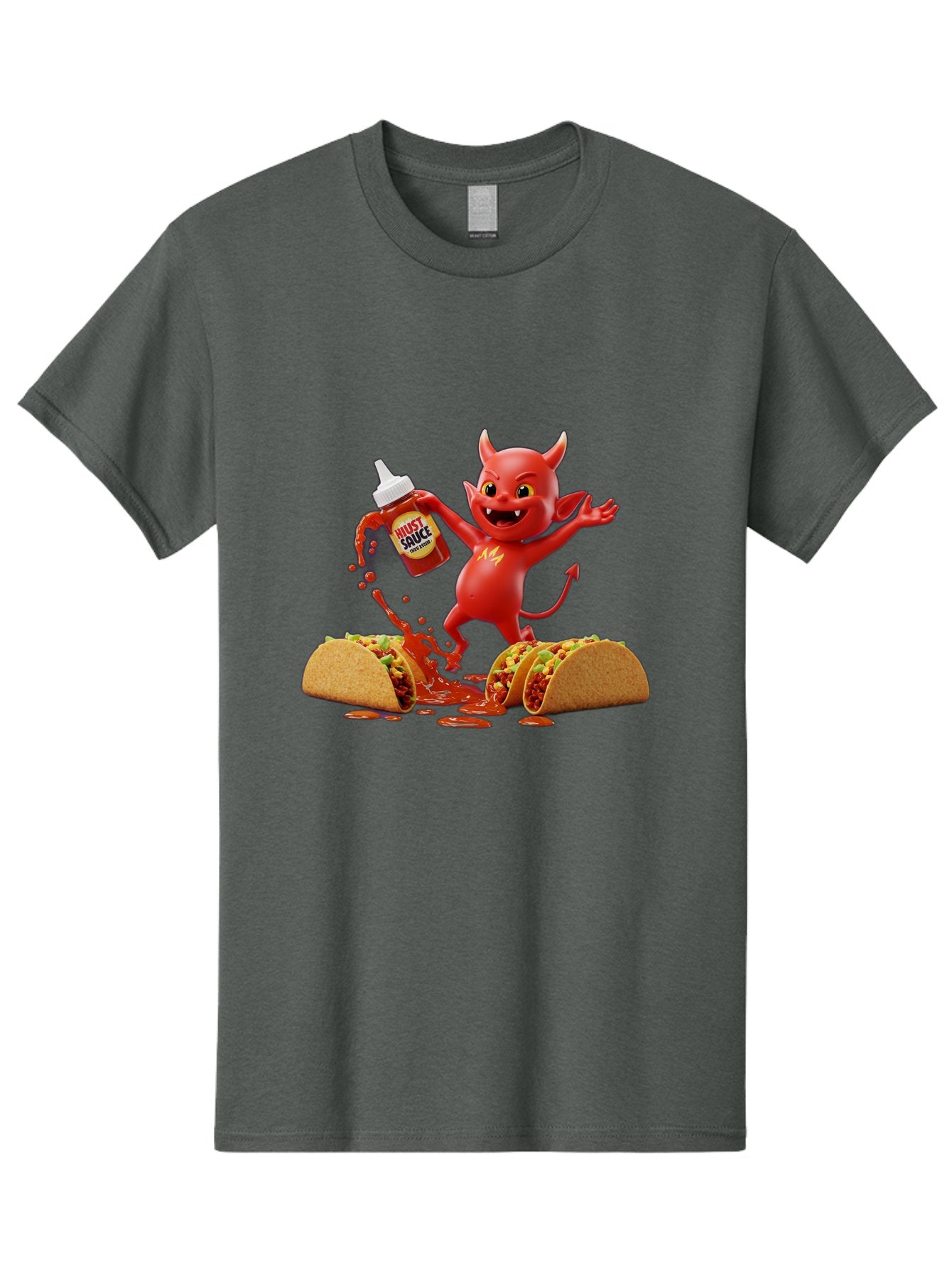 Hustl-Sauce-Devil Men'S Graphic Tee, 100% Cotton, Comfortable Casual Summer Wear, Machine Washable, Red Devil Character, Hot Sauce Bottle, Tacos, Spicy Food, Hot Peppers, Cartoon Style, Playful Illustration, Sauce Splatter, Baa852 4