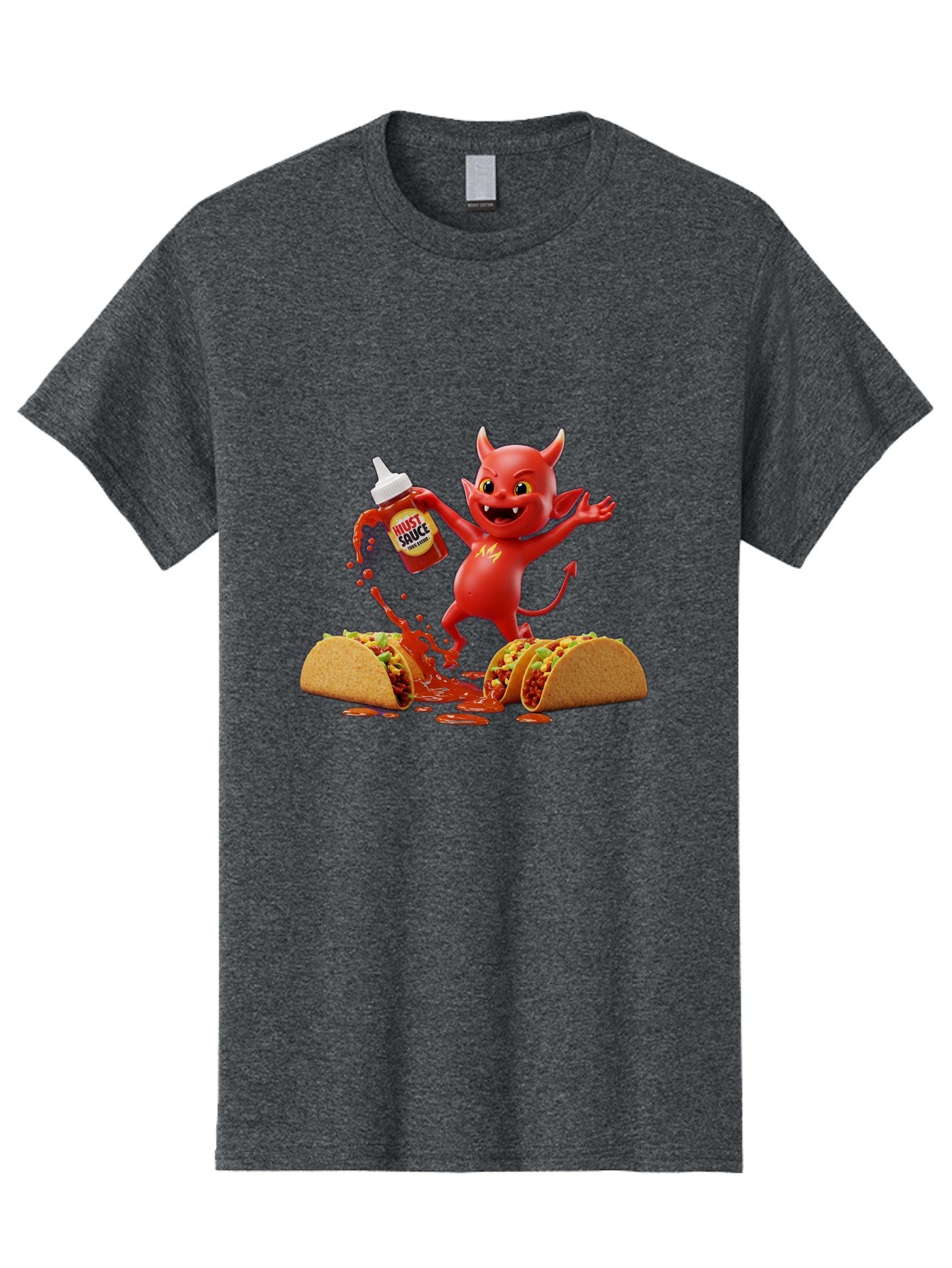 Hustl-Sauce-Devil Men'S Graphic Tee, 100% Cotton, Comfortable Casual Summer Wear, Machine Washable, Red Devil Character, Hot Sauce Bottle, Tacos, Spicy Food, Hot Peppers, Cartoon Style, Playful Illustration, Sauce Splatter, Baa852 6