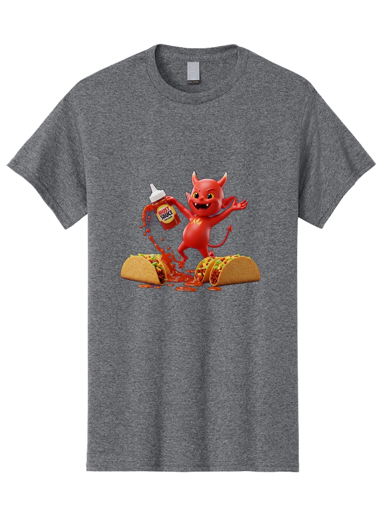 Hustl-Sauce-Devil Men'S Graphic Tee, 100% Cotton, Comfortable Casual Summer Wear, Machine Washable, Red Devil Character, Hot Sauce Bottle, Tacos, Spicy Food, Hot Peppers, Cartoon Style, Playful Illustration, Sauce Splatter, Baa852 3