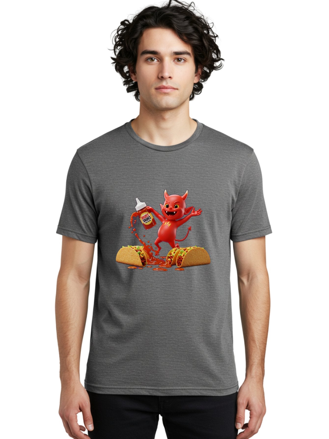 Hustl-Sauce-Devil Men'S Graphic Tee, 100% Cotton, Comfortable Casual Summer Wear, Machine Washable, Red Devil Character, Hot Sauce Bottle, Tacos, Spicy Food, Hot Peppers, Cartoon Style, Playful Illustration, Sauce Splatter, Baa852 22