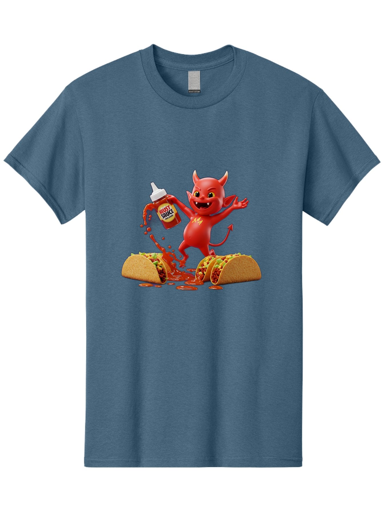 Hustl-Sauce-Devil Men'S Graphic Tee, 100% Cotton, Comfortable Casual Summer Wear, Machine Washable, Red Devil Character, Hot Sauce Bottle, Tacos, Spicy Food, Hot Peppers, Cartoon Style, Playful Illustration, Sauce Splatter, Baa852