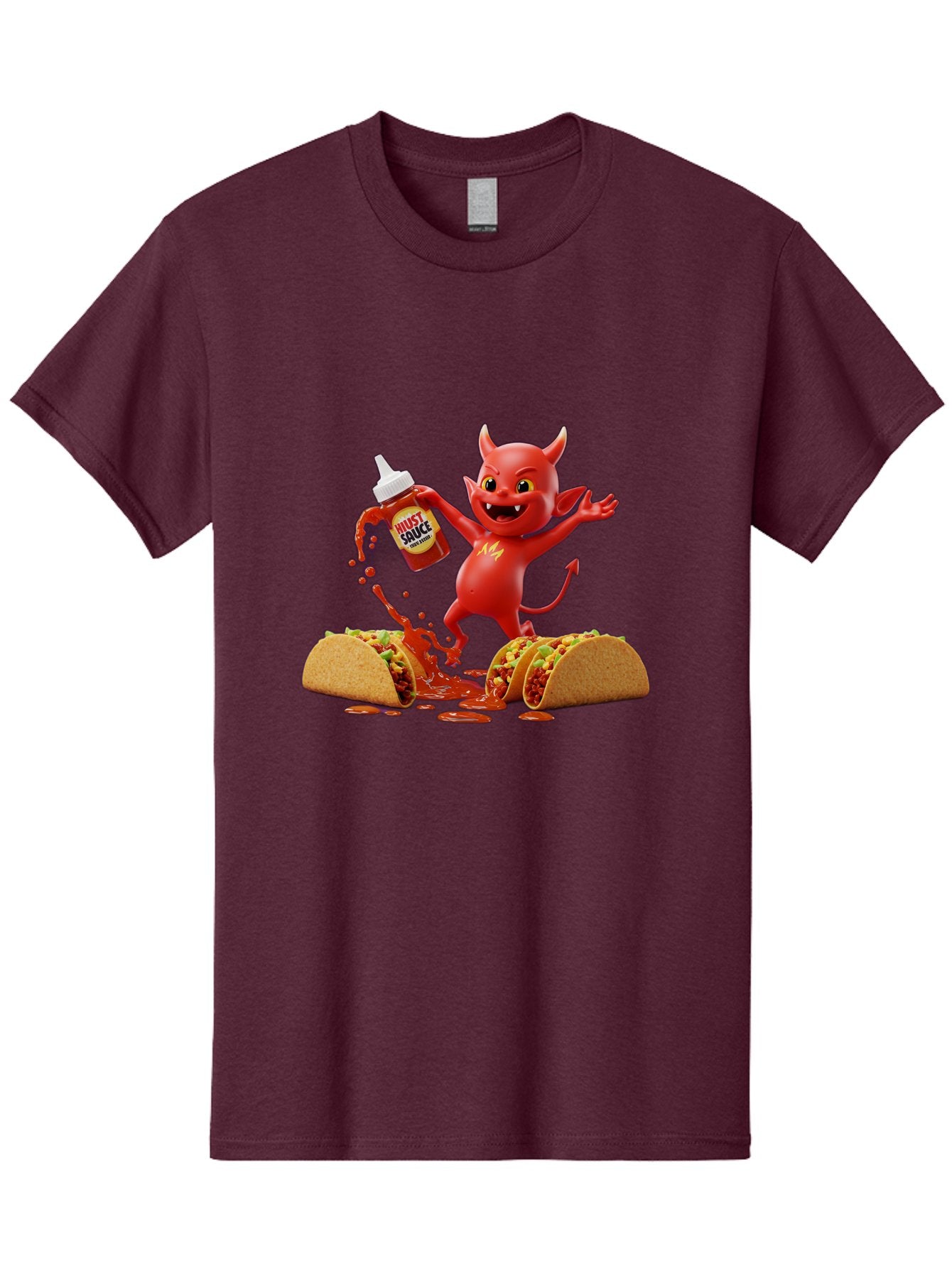 Hustl-Sauce-Devil Men'S Graphic Tee, 100% Cotton, Comfortable Casual Summer Wear, Machine Washable, Red Devil Character, Hot Sauce Bottle, Tacos, Spicy Food, Hot Peppers, Cartoon Style, Playful Illustration, Sauce Splatter, Baa852 15