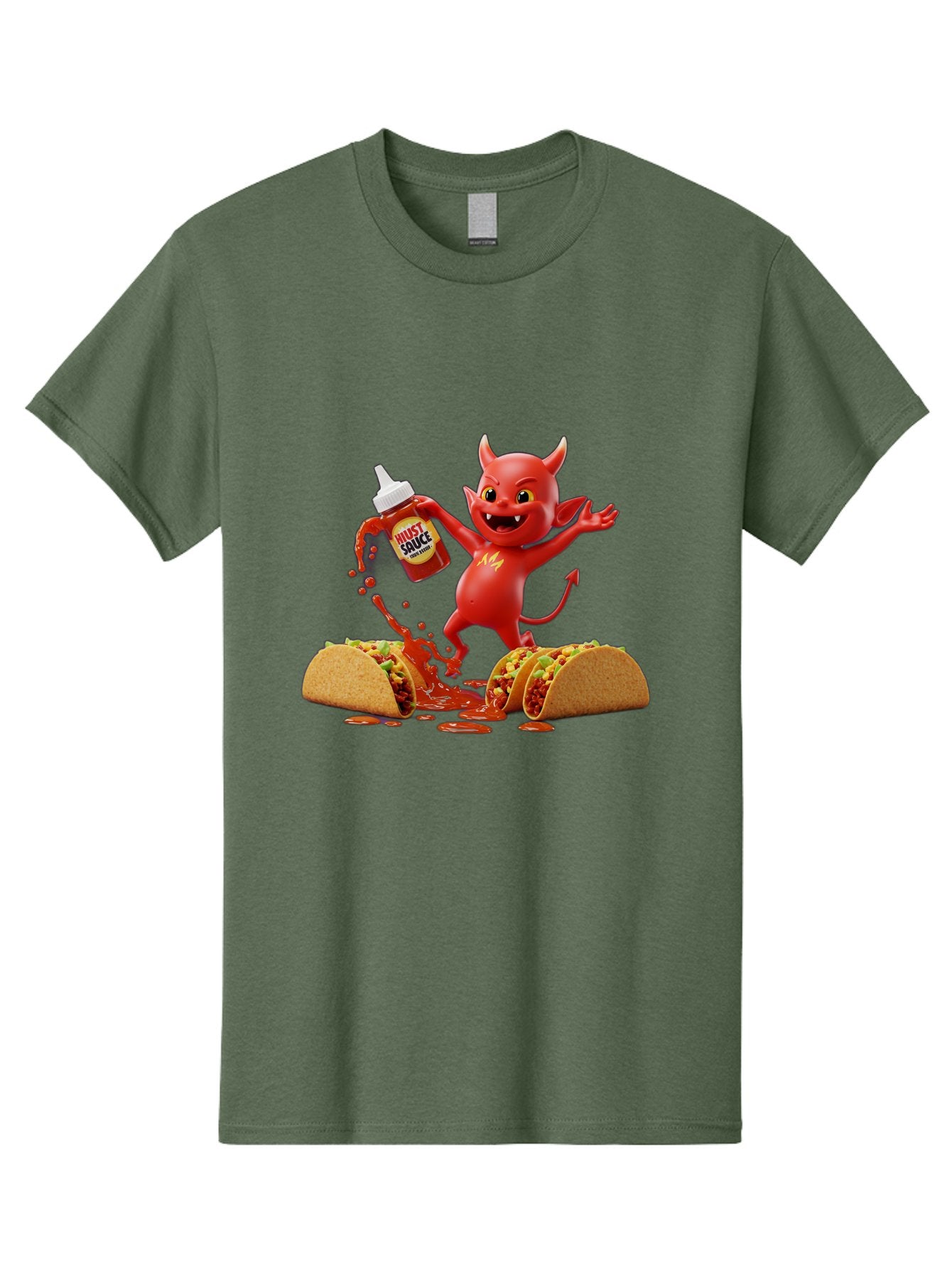 Hustl-Sauce-Devil Men'S Graphic Tee, 100% Cotton, Comfortable Casual Summer Wear, Machine Washable, Red Devil Character, Hot Sauce Bottle, Tacos, Spicy Food, Hot Peppers, Cartoon Style, Playful Illustration, Sauce Splatter, Baa852 5