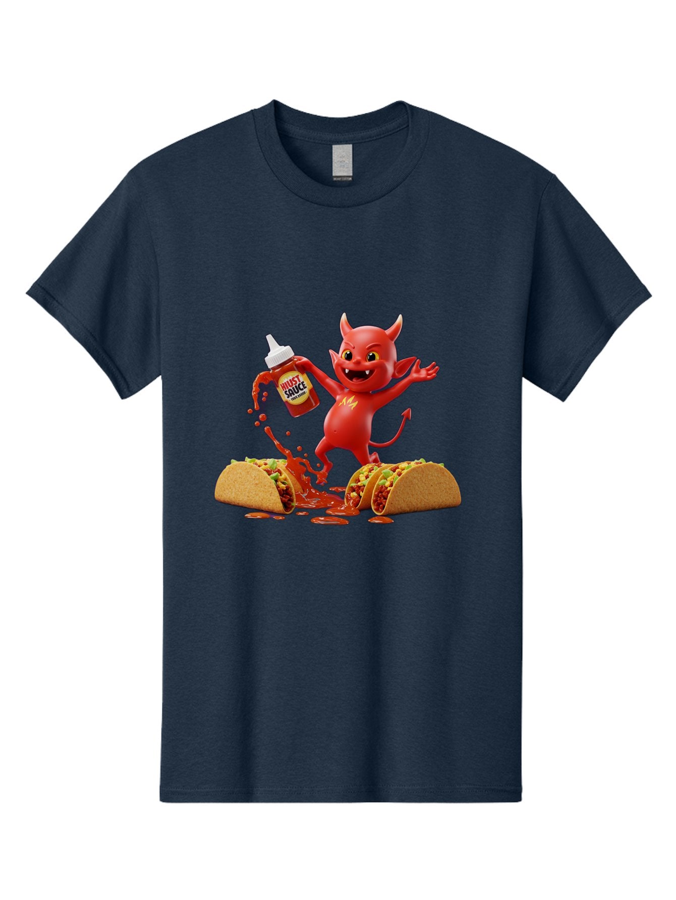 Hustl-Sauce-Devil Men'S Graphic Tee, 100% Cotton, Comfortable Casual Summer Wear, Machine Washable, Red Devil Character, Hot Sauce Bottle, Tacos, Spicy Food, Hot Peppers, Cartoon Style, Playful Illustration, Sauce Splatter, Baa852 8