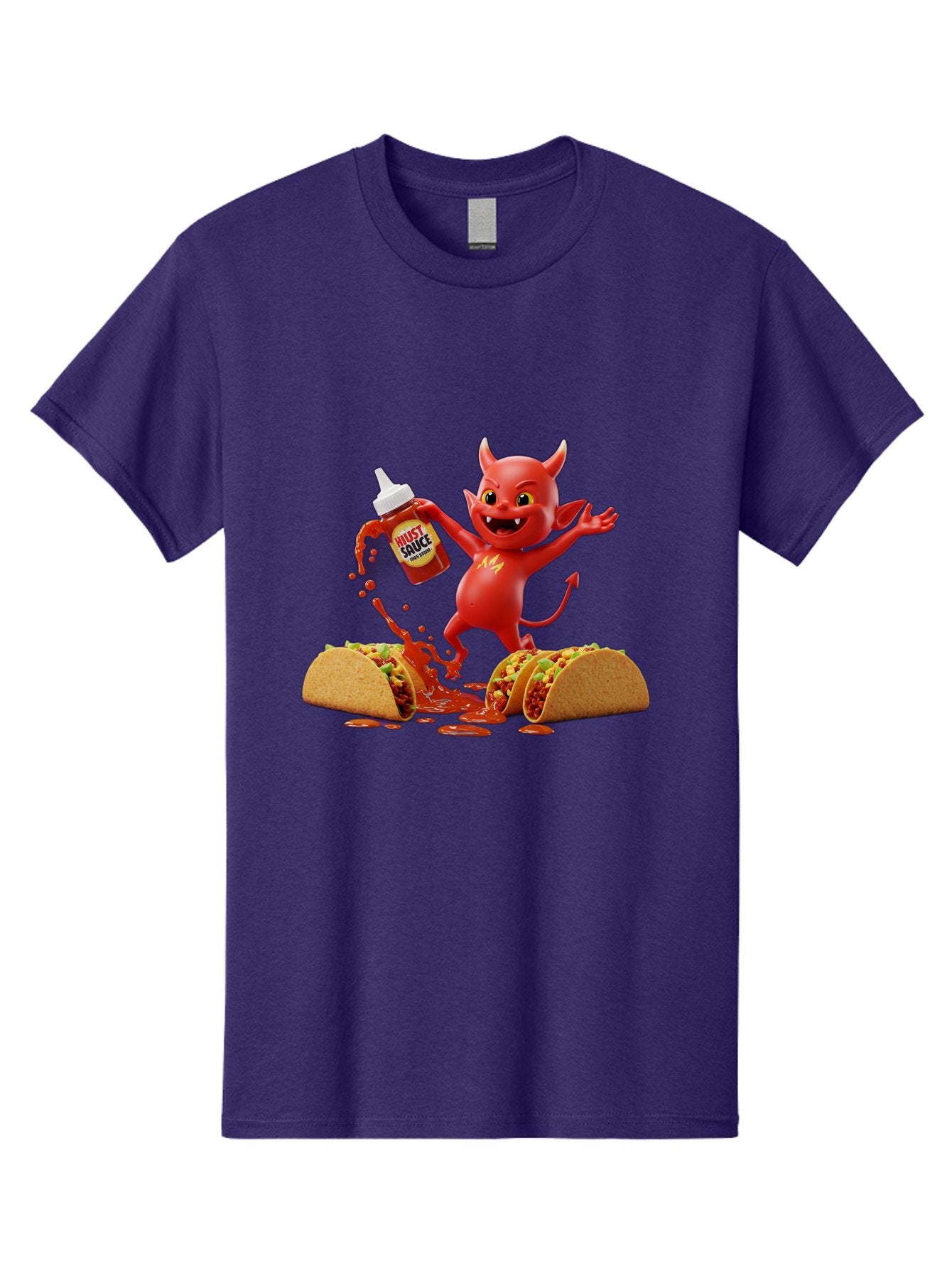 Hustl-Sauce-Devil Men'S Graphic Tee, 100% Cotton, Comfortable Casual Summer Wear, Machine Washable, Red Devil Character, Hot Sauce Bottle, Tacos, Spicy Food, Hot Peppers, Cartoon Style, Playful Illustration, Sauce Splatter, Baa852 9