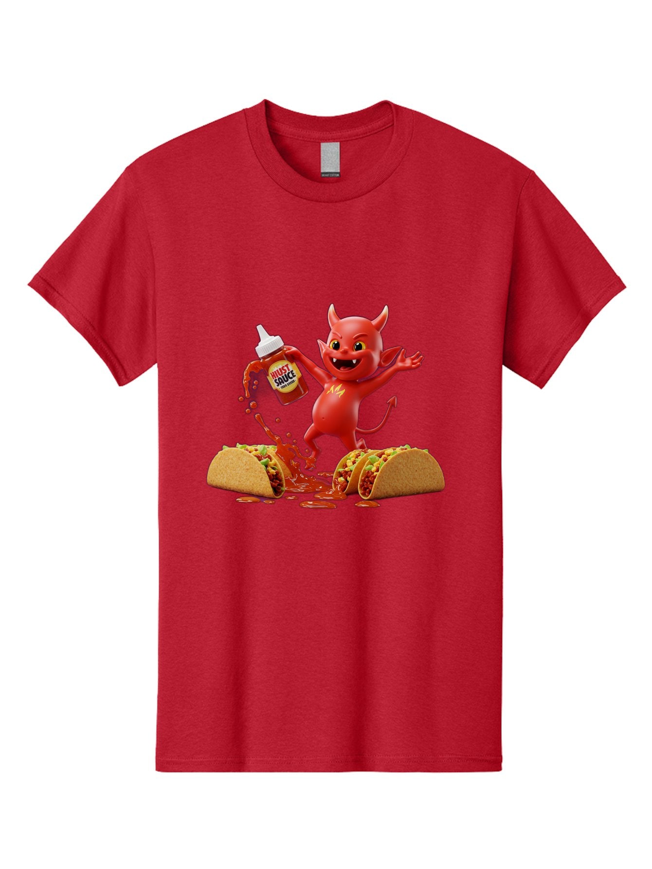 Hustl-Sauce-Devil Men'S Graphic Tee, 100% Cotton, Comfortable Casual Summer Wear, Machine Washable, Red Devil Character, Hot Sauce Bottle, Tacos, Spicy Food, Hot Peppers, Cartoon Style, Playful Illustration, Sauce Splatter, Baa852 14